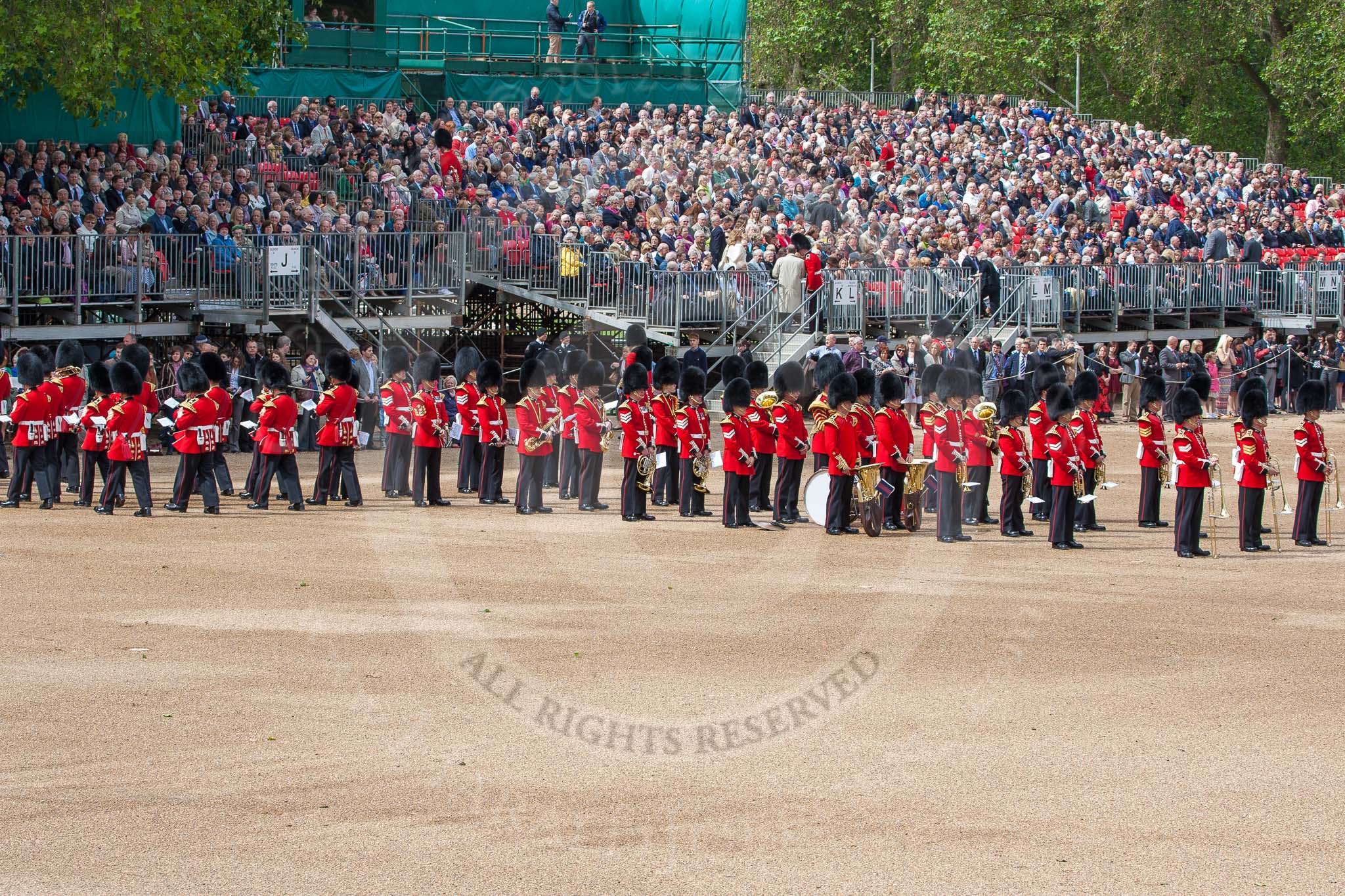 The Colonel's Review 2012: The Band of the Welsh Guards, which arrived first, is already in position, the Band of the Scots Guards is marching into their position..
Horse Guards Parade, Westminster,
London SW1,

United Kingdom,
on 09 June 2012 at 10:17, image #36