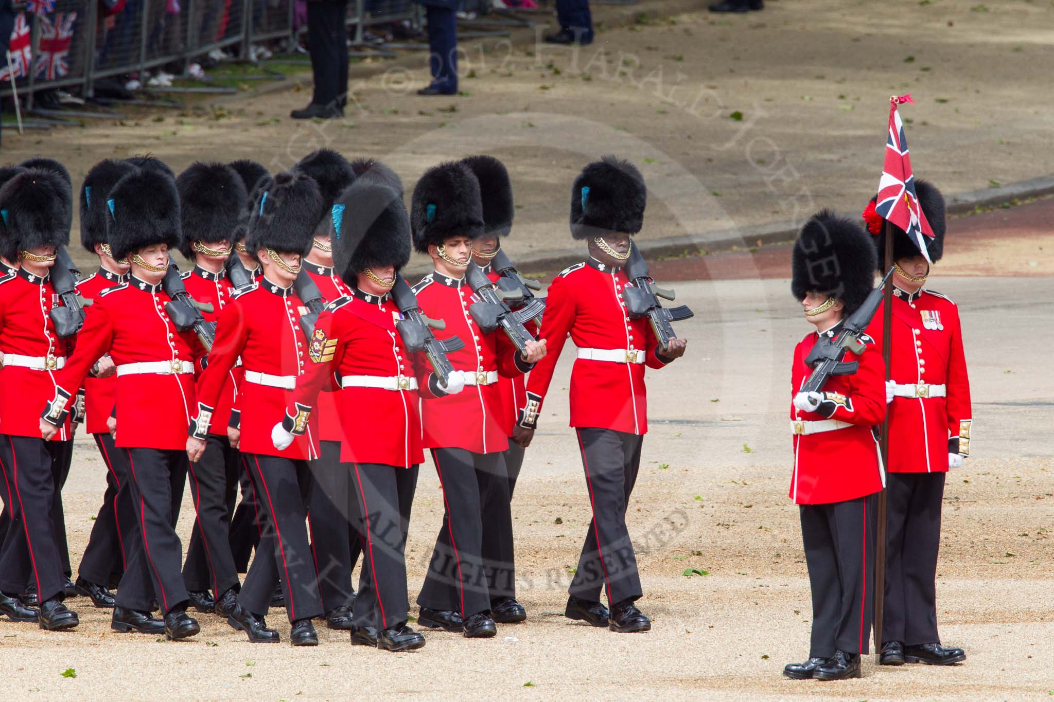 The Colonel's Review 2012: No. 5 Guard (1st Battalion Irish Guards) arriving at Horse Guards Parade..
Horse Guards Parade, Westminster,
London SW1,

United Kingdom,
on 09 June 2012 at 10:23, image #46