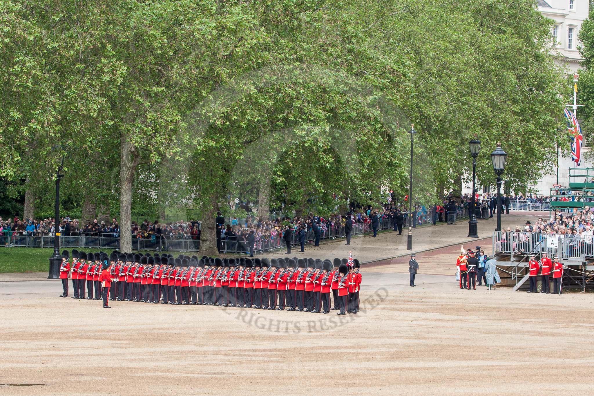 The Colonel's Review 2012: No. 5 Guard (1st Battalion Irish Guards) taking their intial position at Horse Guards Parade..
Horse Guards Parade, Westminster,
London SW1,

United Kingdom,
on 09 June 2012 at 10:23, image #48