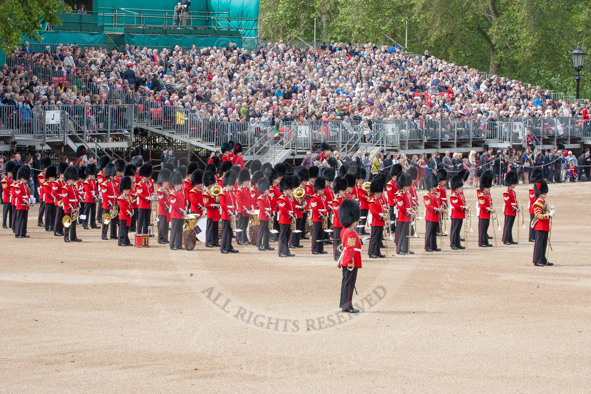 The Colonel's Review 2012: Two of the Massed Bands, the band of the Welsh Guards and the Band of the Scots Guards, already in place at Horse Guards Parade. In front GSM 'Billy' Mott..
Horse Guards Parade, Westminster,
London SW1,

United Kingdom,
on 09 June 2012 at 10:23, image #50