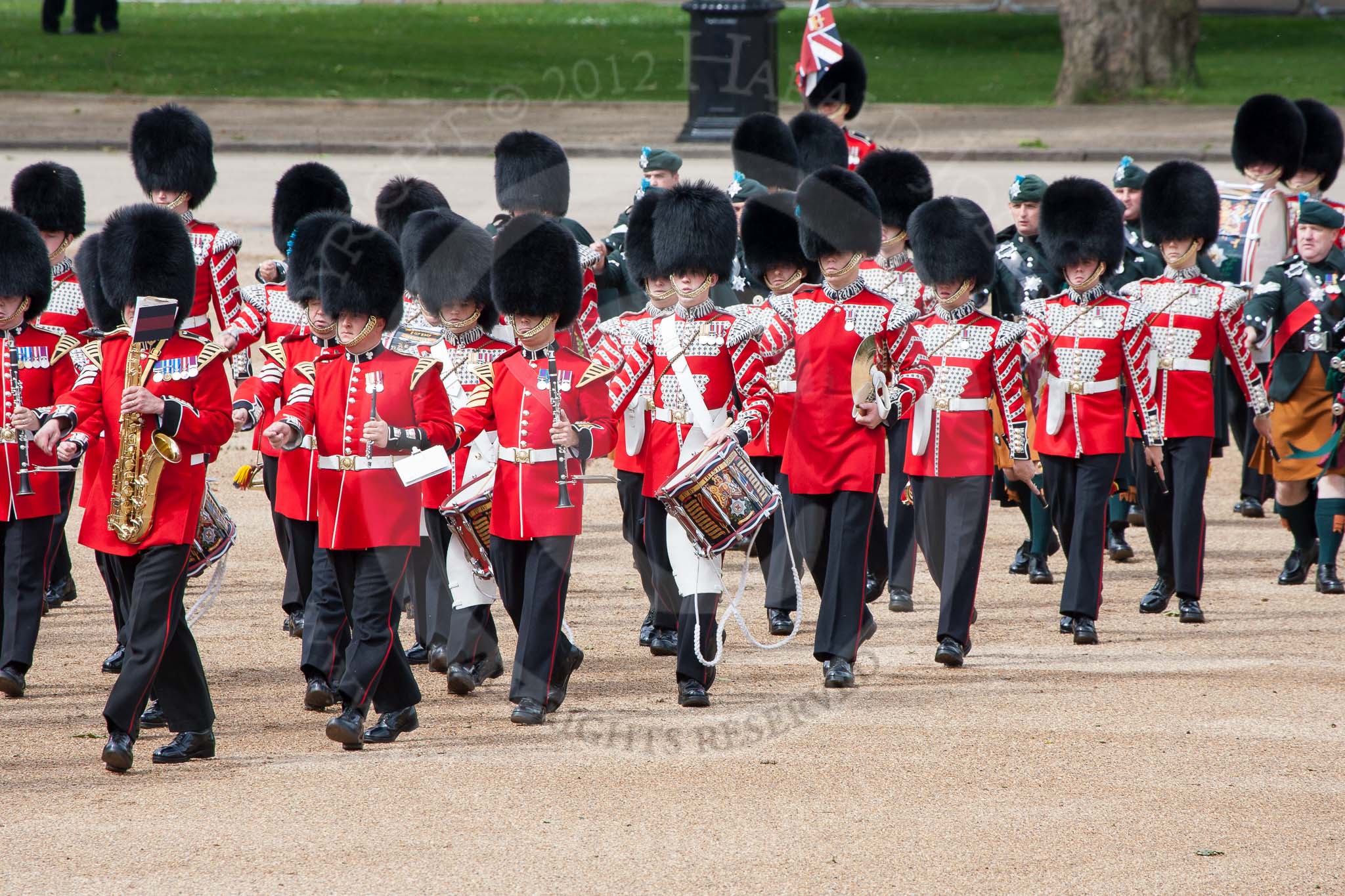 The Colonel's Review 2012: The Band of the Irish Guards getting into position at Horse Guards Parade..
Horse Guards Parade, Westminster,
London SW1,

United Kingdom,
on 09 June 2012 at 10:23, image #52
