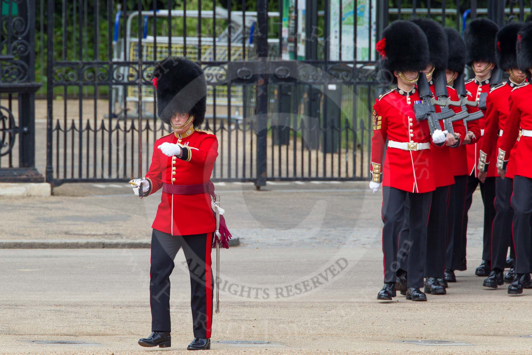 The Colonel's Review 2012: No. 3 Guard (No. 7 Company, Coldstream Guards) getting into position, in front Captain M H Meredith (?)..
Horse Guards Parade, Westminster,
London SW1,

United Kingdom,
on 09 June 2012 at 10:26, image #63