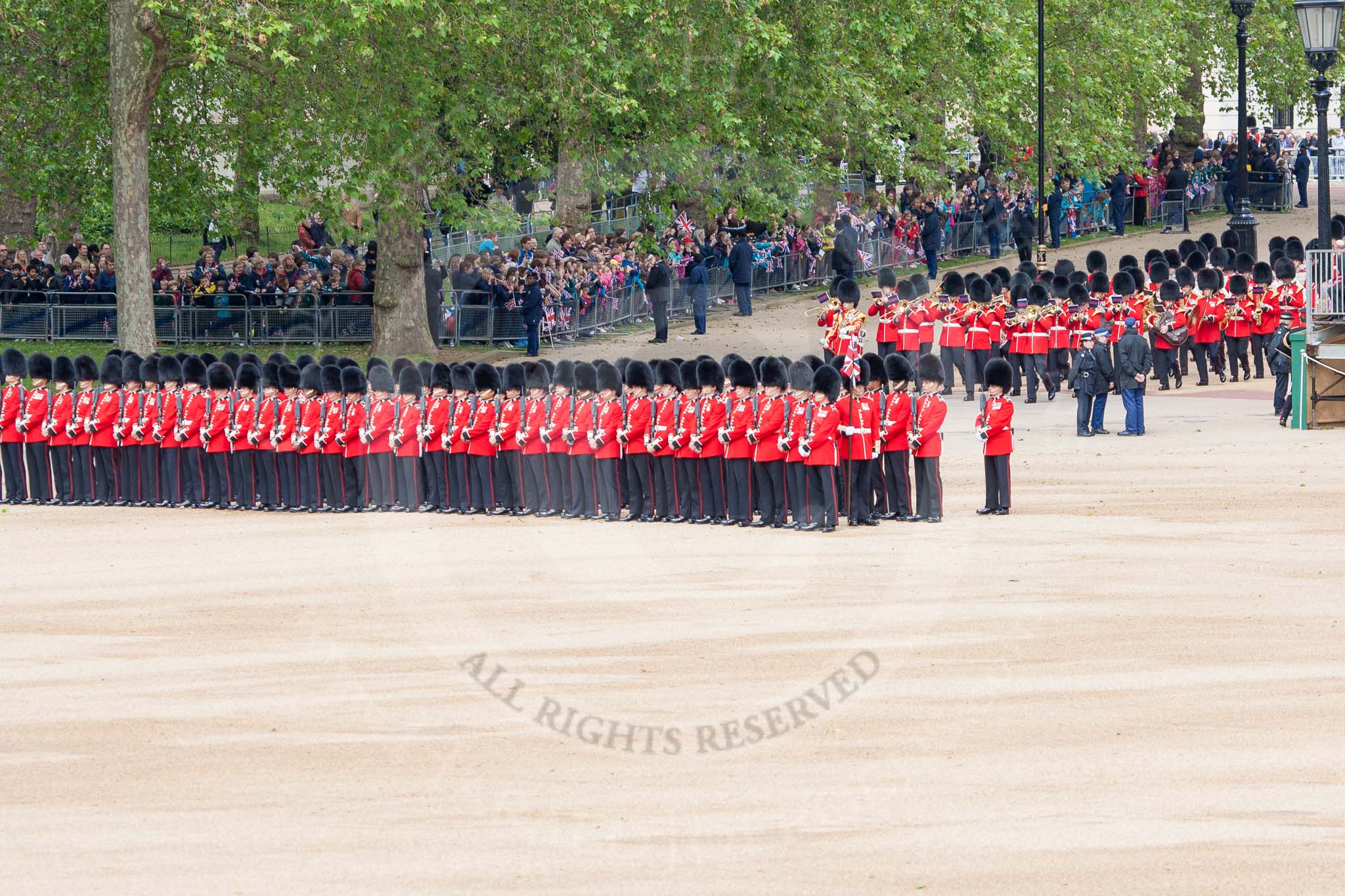 The Colonel's Review 2012: No. 6 guard in place at Horse Guards Parade, the Band of the Coldstream Guards just arriving from the Mall..
Horse Guards Parade, Westminster,
London SW1,

United Kingdom,
on 09 June 2012 at 10:28, image #70