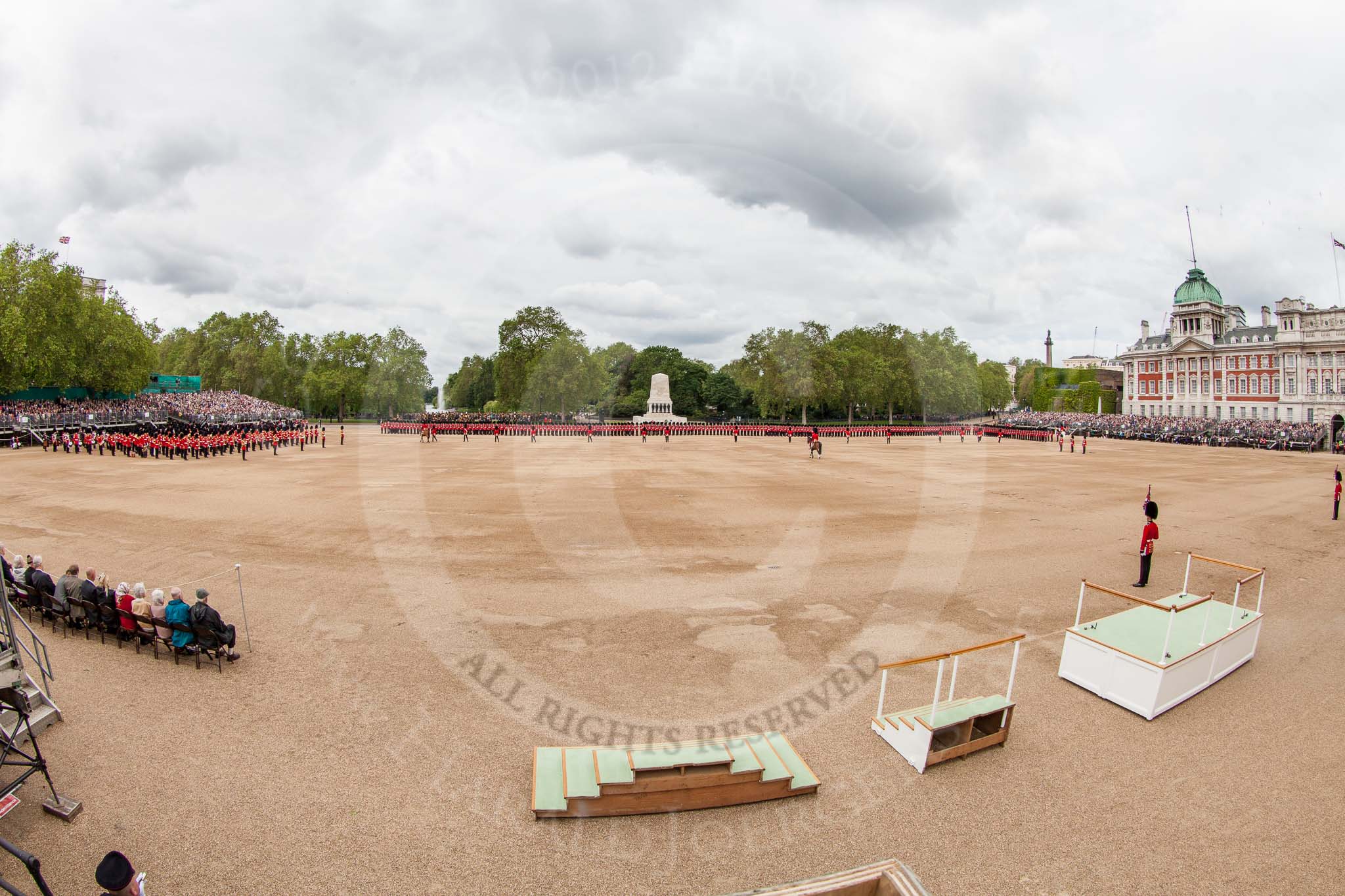 The Colonel's Review 2012: A total view of Horse Guards Parade, with all guards divisions in place, and the Massed Bands, on the left hand side. in place..
Horse Guards Parade, Westminster,
London SW1,

United Kingdom,
on 09 June 2012 at 10:39, image #103