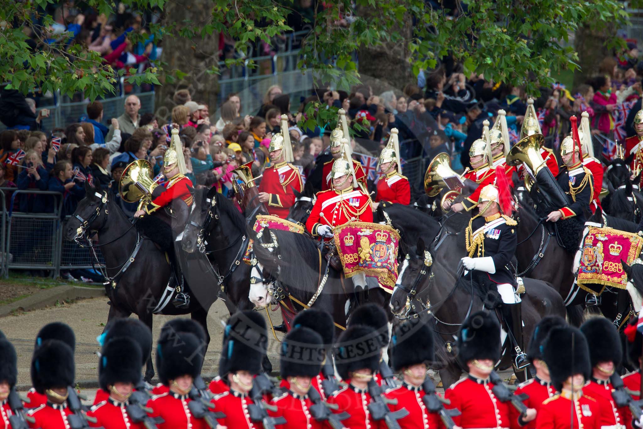 The Colonel's Review 2012: Approaching their position on the St James's Park side of Horse Guards Parade, the Mounted Bands of the Household Cavalry, here the Life Guards, with the Kettle Drummer in front..
Horse Guards Parade, Westminster,
London SW1,

United Kingdom,
on 09 June 2012 at 10:55, image #136