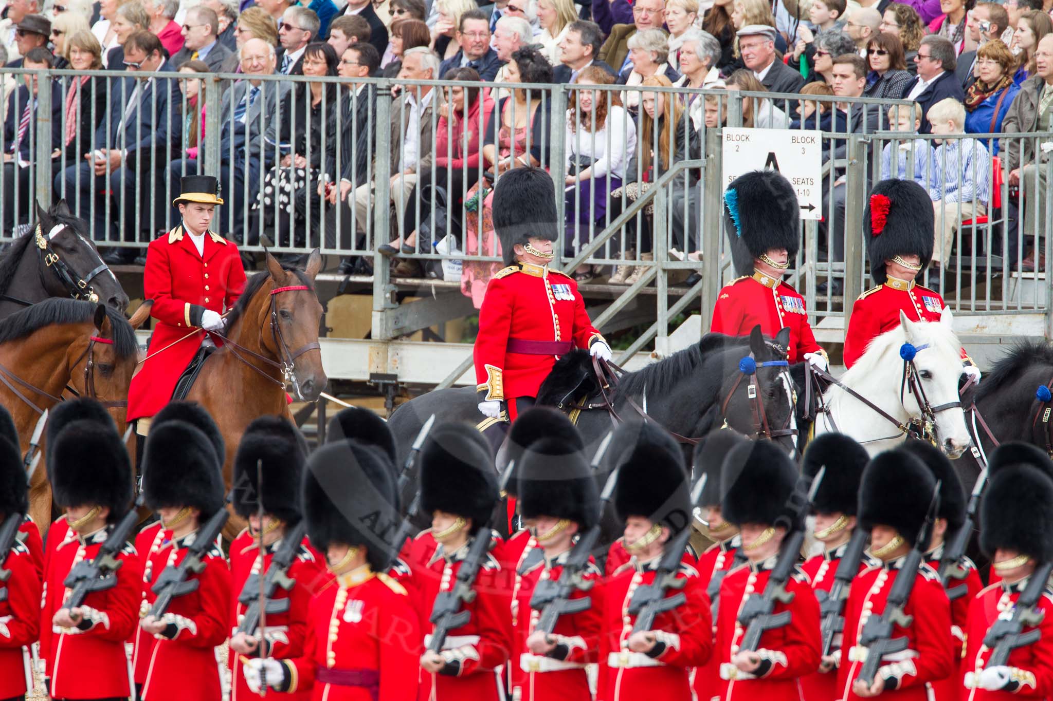 The Colonel's Review 2012: Colonel T C S Bonas, Welsh Guards, Lieutenant Colonel J B O’Gorman, Irish Guards, Major E M Crofton, Coldstream Guards, and two Grooms from the Royal Household..
Horse Guards Parade, Westminster,
London SW1,

United Kingdom,
on 09 June 2012 at 10:58, image #155