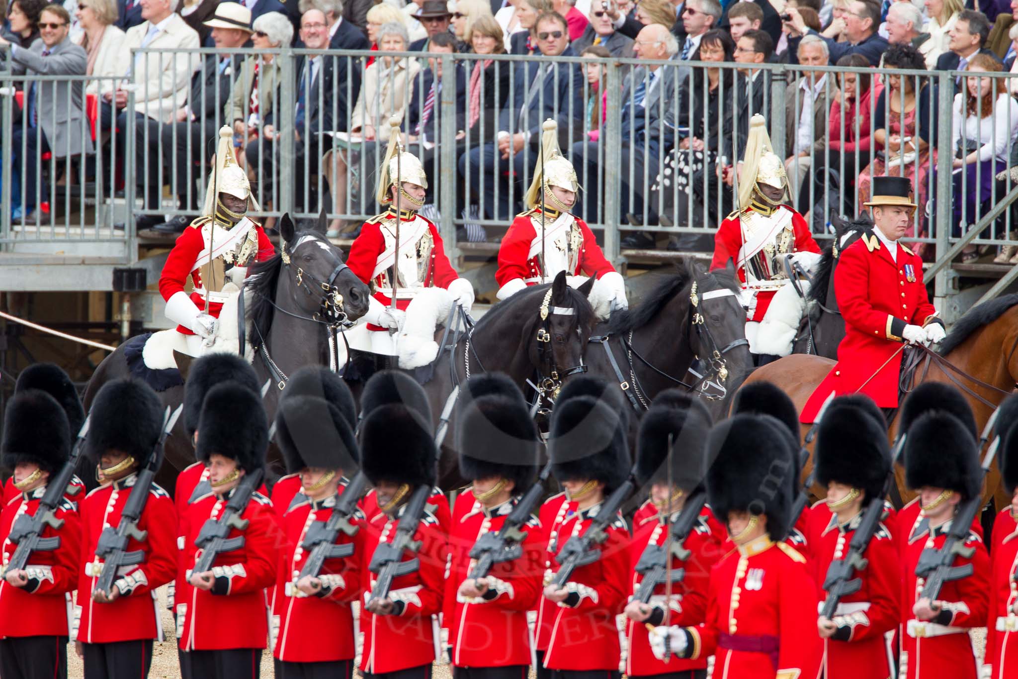 The Colonel's Review 2012: Two Grooms of the Royal Household, followed by four Troopers of the Life Guards..
Horse Guards Parade, Westminster,
London SW1,

United Kingdom,
on 09 June 2012 at 10:58, image #156