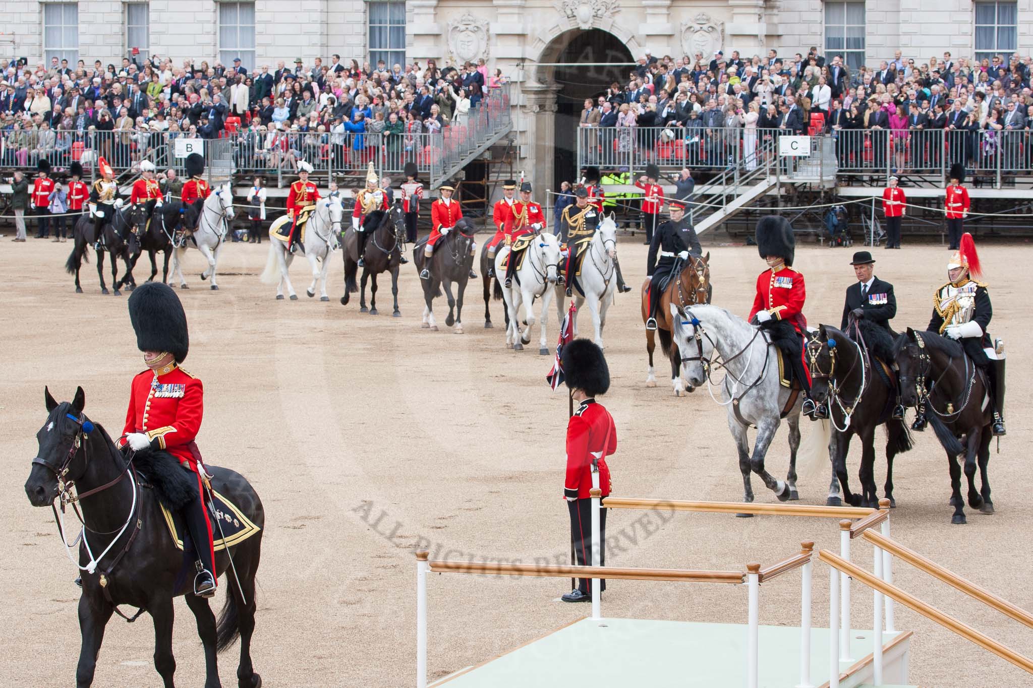 The Colonel's Review 2012: The "Royal Procession" beginning the Inspection of the Line, here led by Colonel Coldstream Guards, Lieutenant General J J C Bucknall, followed by what would be the Royal Colonels..
Horse Guards Parade, Westminster,
London SW1,

United Kingdom,
on 09 June 2012 at 10:58, image #163