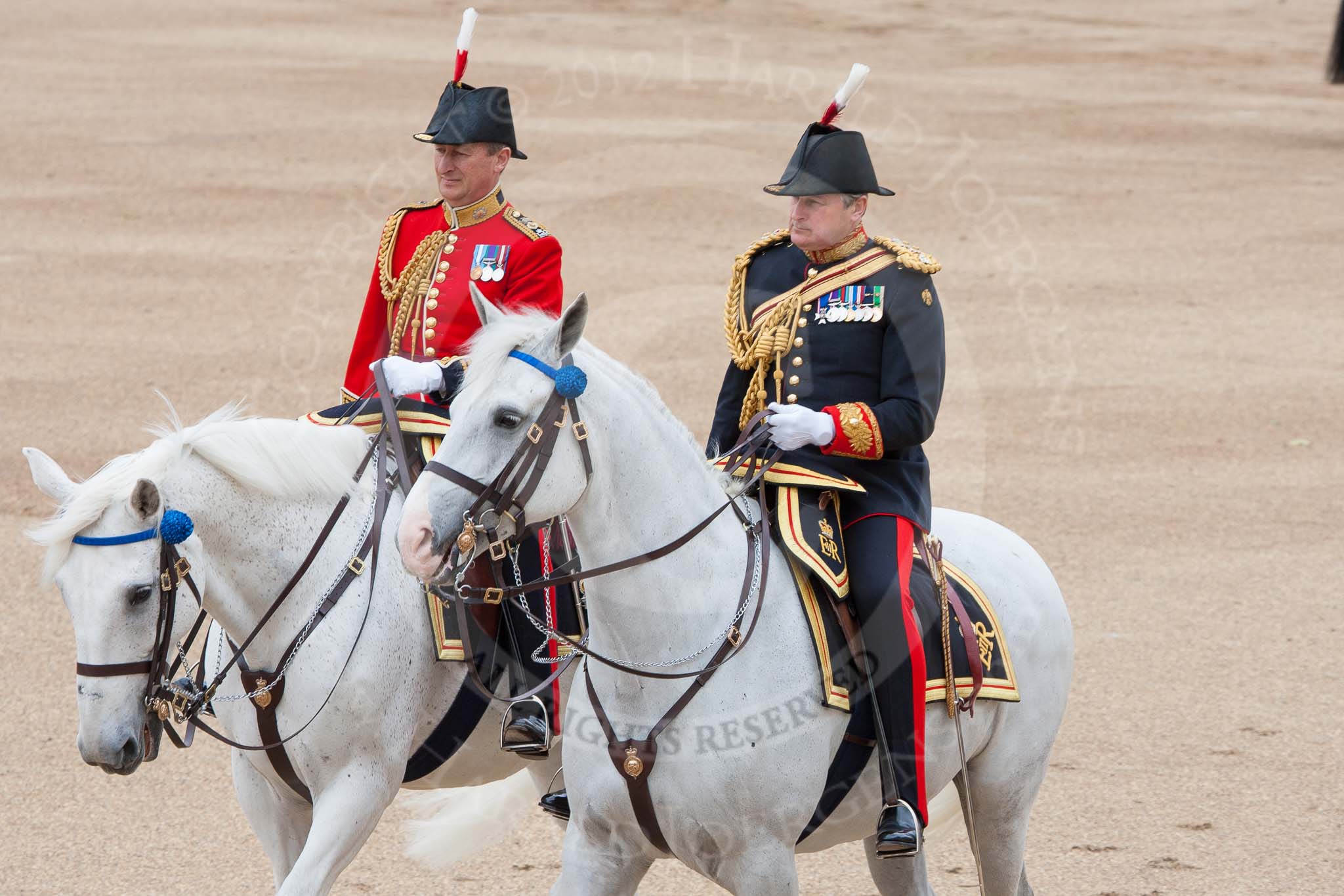 The Colonel's Review 2012: Crown Equerry and Equerry in Waiting to Her Majesty:, Colonel W T Browne in the black uniform, and Lieutenant Colonel A F Matheson of Matheson, yr..
Horse Guards Parade, Westminster,
London SW1,

United Kingdom,
on 09 June 2012 at 11:00, image #167