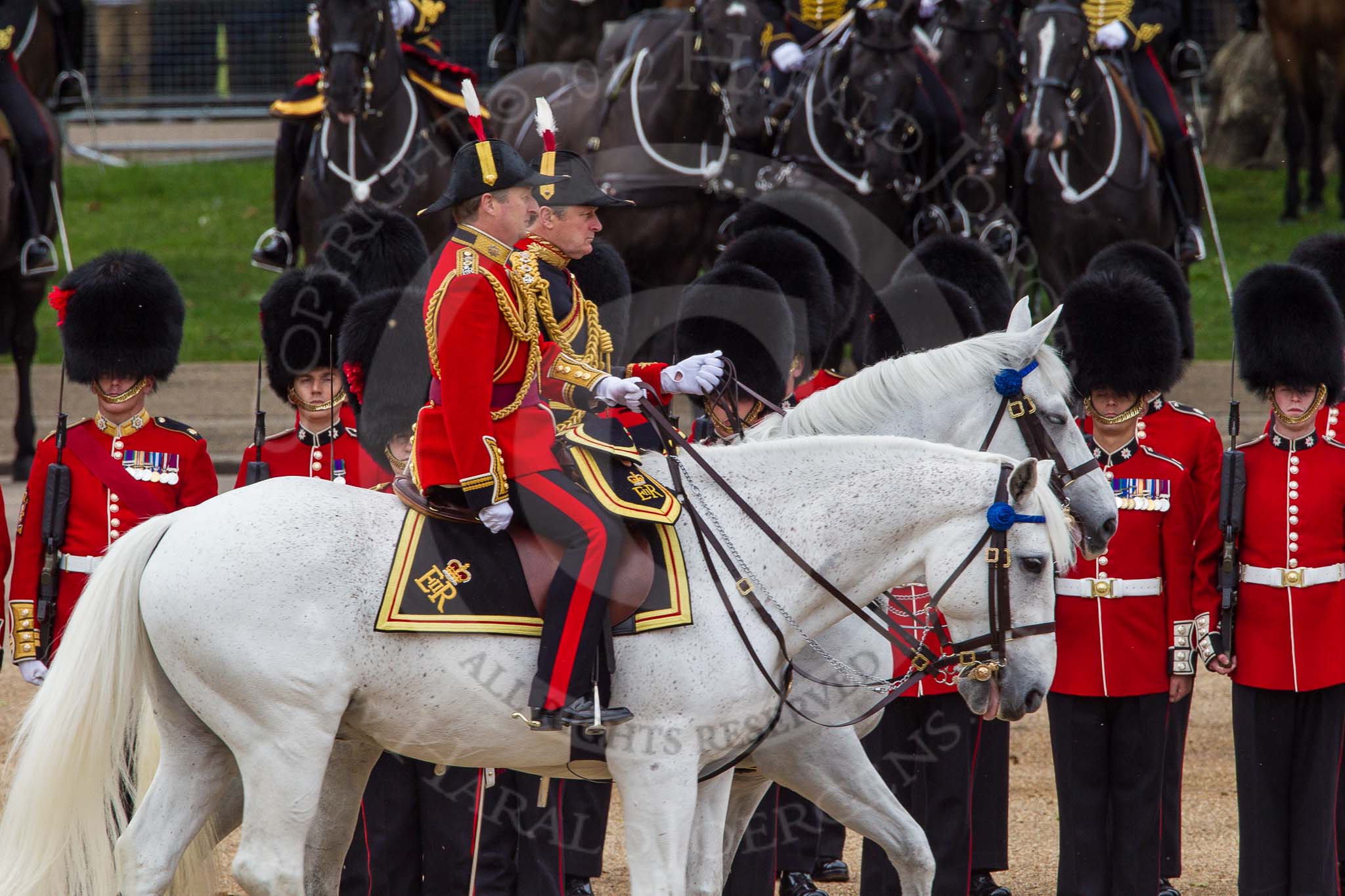 The Colonel's Review 2012: Crown Equerry and Equerry in Waiting to Her Majesty:, Colonel W T Browne in the black uniform, and Lieutenant Colonel A F Matheson of Matheson, yr..
Horse Guards Parade, Westminster,
London SW1,

United Kingdom,
on 09 June 2012 at 11:01, image #174