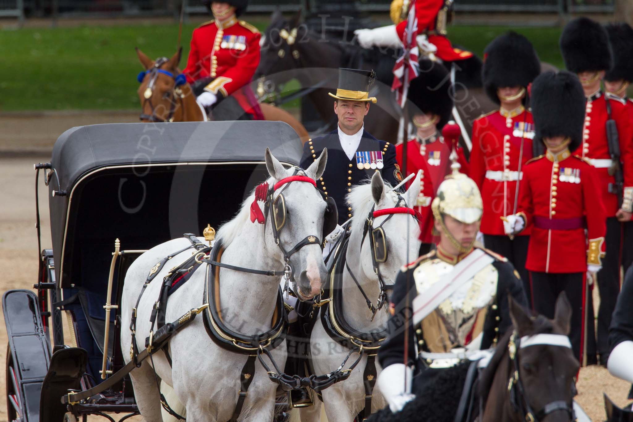 The Colonel's Review 2012: Head Coachman Jack Hargreaves with the two Windsor Grey horses and the carriage representing the Ivory Mounted Phaeton carrying HM The Queen..
Horse Guards Parade, Westminster,
London SW1,

United Kingdom,
on 09 June 2012 at 11:04, image #191