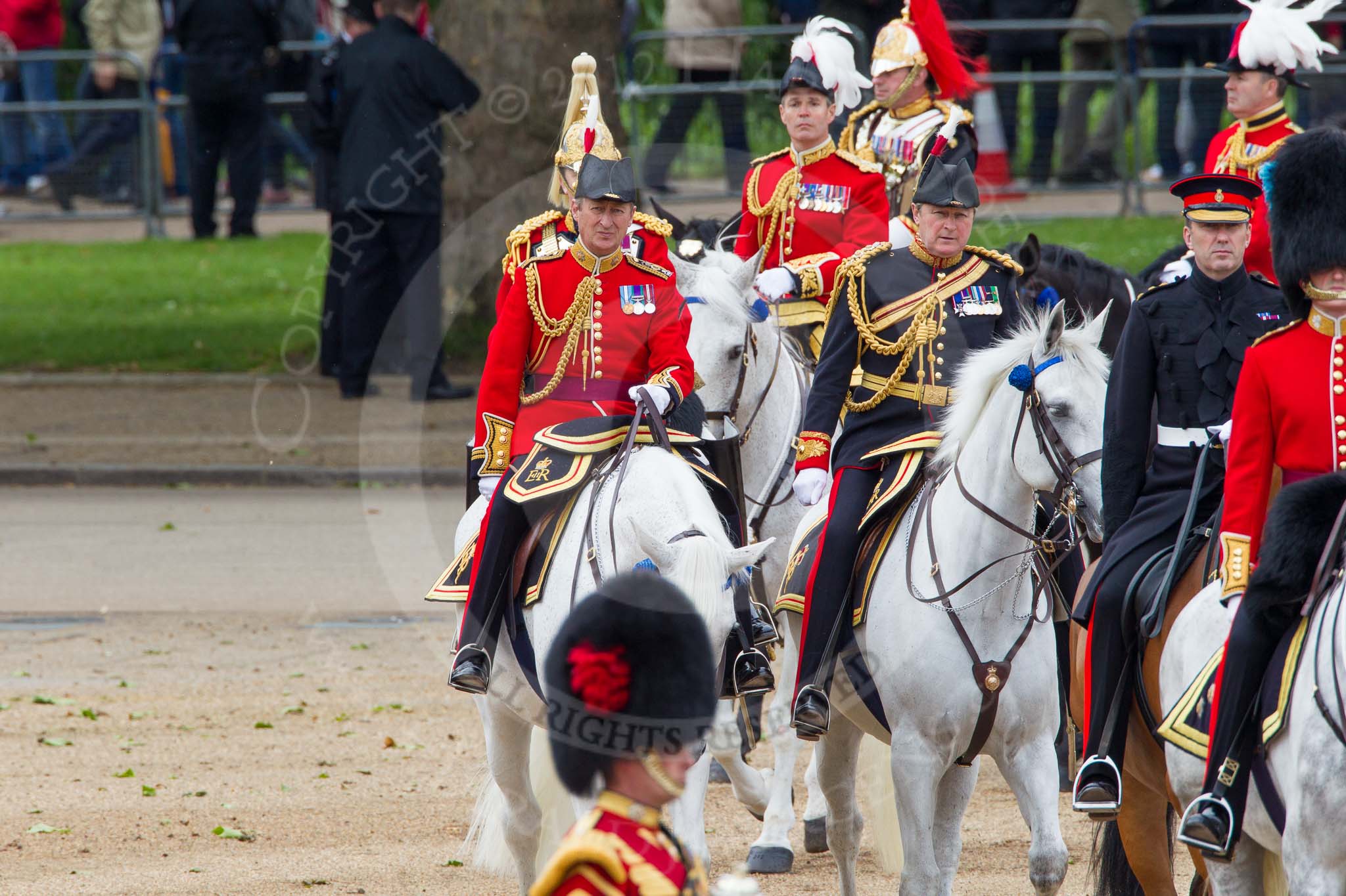 The Colonel's Review 2012: Crown Equerry and Equerry in Waiting to Her Majesty: Colonel W T Browne in the black unifor,. next to hi, Lieutenant Colonel A F Matheson of Matheson, yr, in the red uniform.
Horse Guards Parade, Westminster,
London SW1,

United Kingdom,
on 09 June 2012 at 11:04, image #194