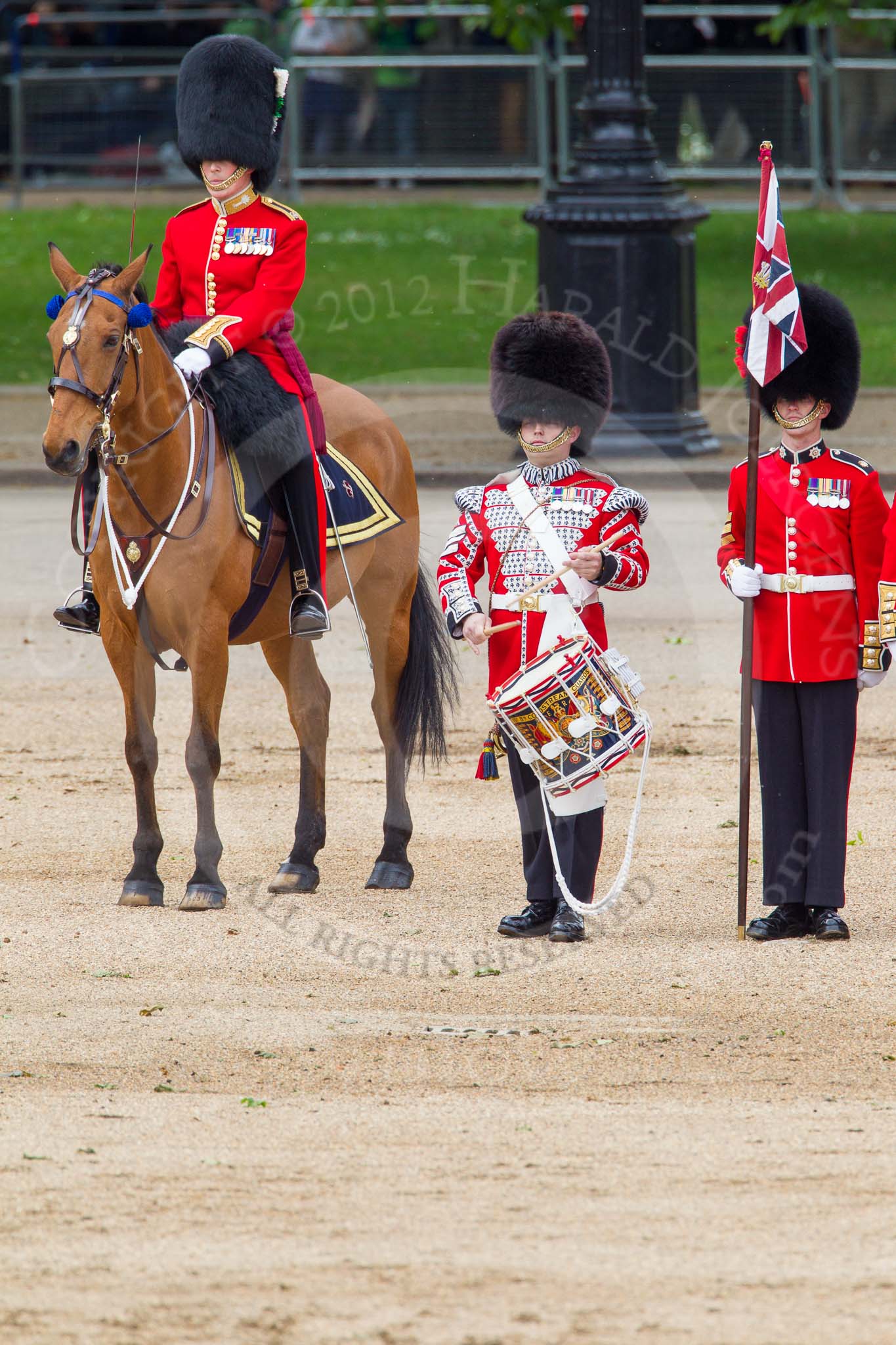 The Colonel's Review 2012: The Major of the Parade, Major Mark Lewis, Welsh Guards, and the "lone drummer" that is about to start the next phase of the parade..
Horse Guards Parade, Westminster,
London SW1,

United Kingdom,
on 09 June 2012 at 11:12, image #244