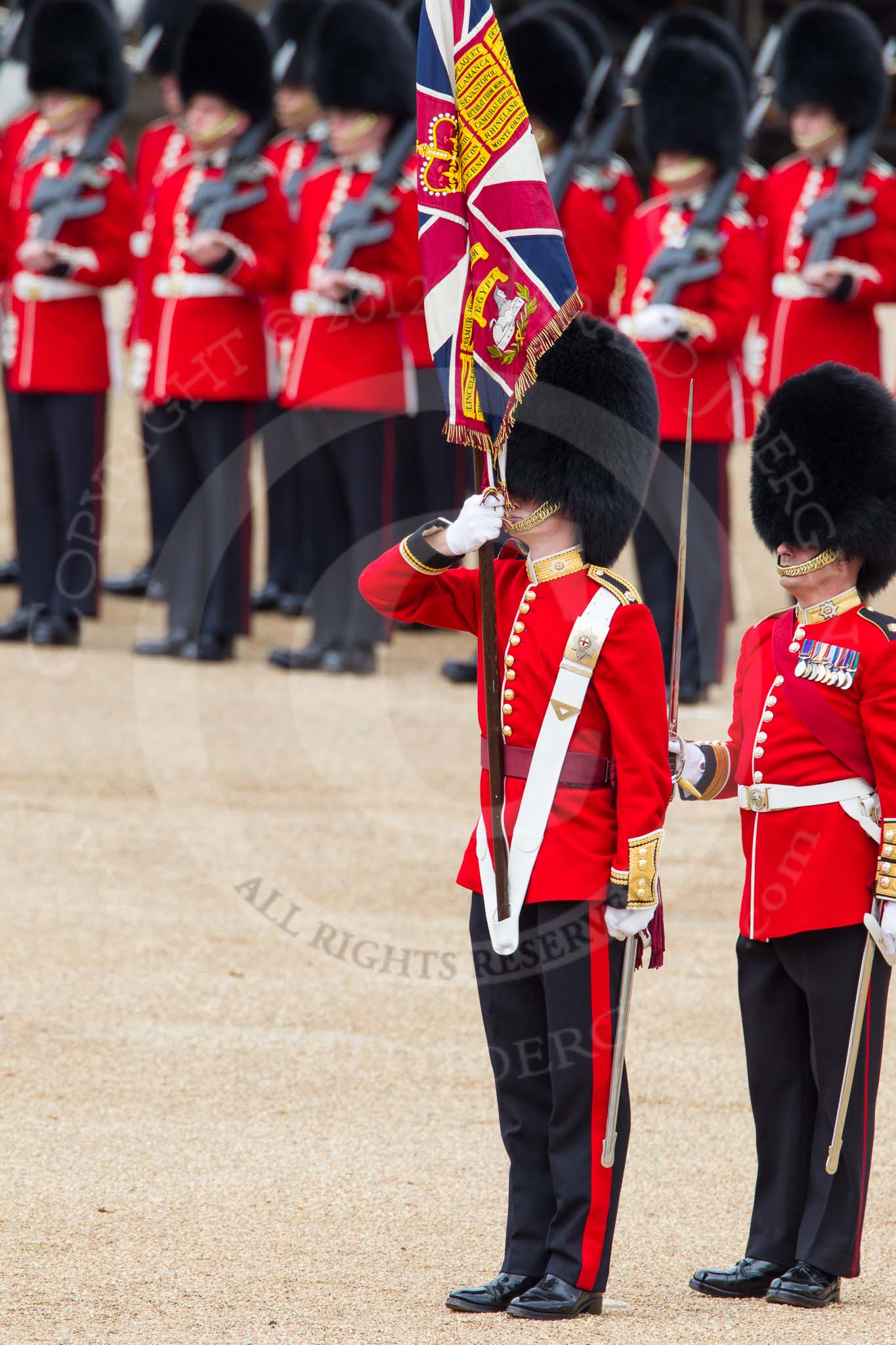 The Colonel's Review 2012: The Colour has been placed in the colour belt, and the Ensign is now ready to troop the Colour..
Horse Guards Parade, Westminster,
London SW1,

United Kingdom,
on 09 June 2012 at 11:18, image #272