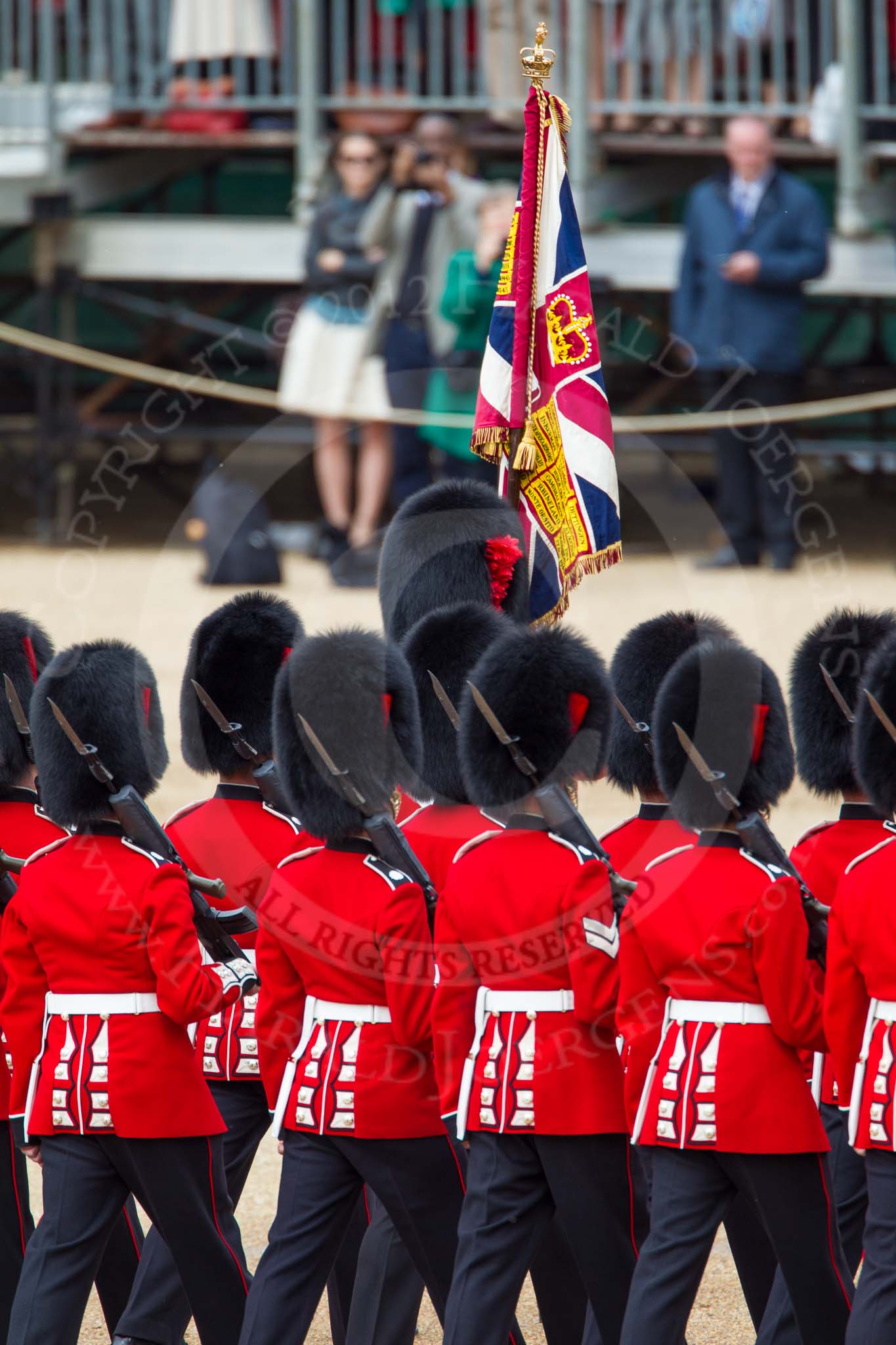 The Colonel's Review 2012: No. 1 Guard, the Escort to the Colour, starting their march along the lines, trooping the Colour the Ensign is carrying in front..
Horse Guards Parade, Westminster,
London SW1,

United Kingdom,
on 09 June 2012 at 11:20, image #281