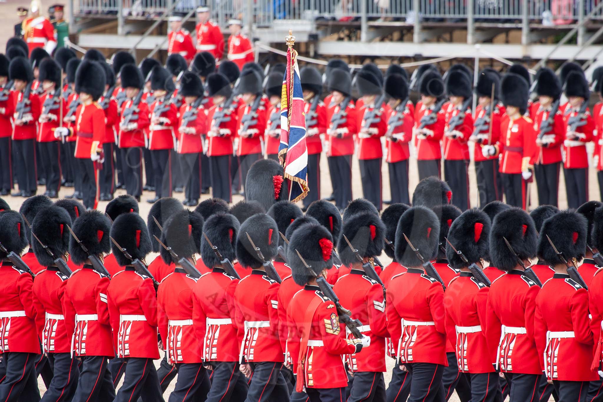 The Colonel's Review 2012: No. 1 Guard, the Escort to the Colour, starting their march along the lines, trooping the Colour the Ensign is carrying in front..
Horse Guards Parade, Westminster,
London SW1,

United Kingdom,
on 09 June 2012 at 11:20, image #280