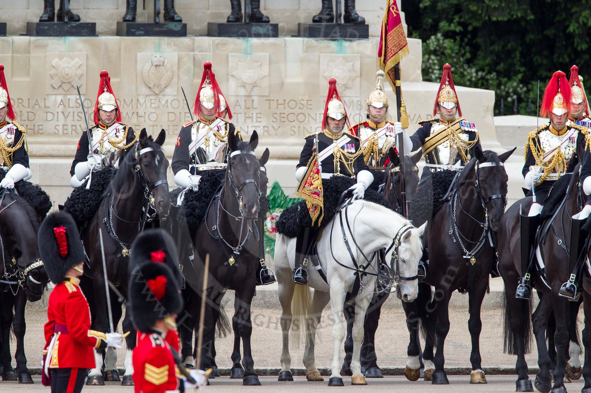The Colonel's Review 2012: Standard Coverer, Standard Bearer, Trumpeter, and members of The Blues and Royals in front of the Guards Memorial..
Horse Guards Parade, Westminster,
London SW1,

United Kingdom,
on 09 June 2012 at 11:28, image #300