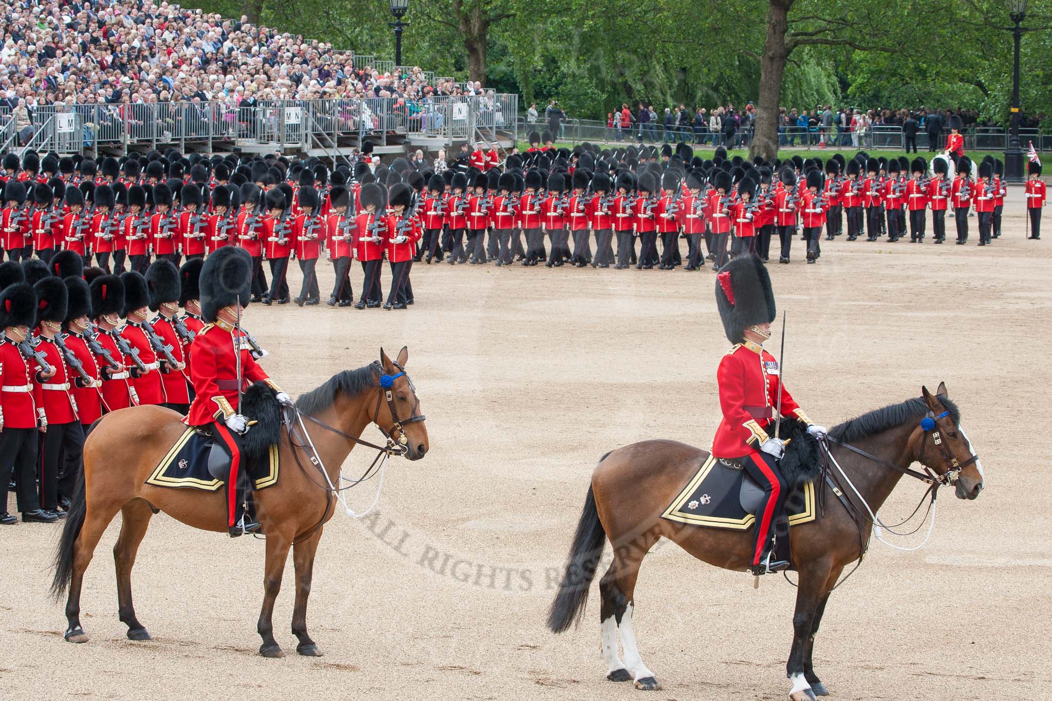 The Colonel's Review 2012: The Field Officer in Brigade Waiting, Lieutenant Colonel R C N Sergeant, Coldstream Guards, and the Major of the Parade, Major Mark Lewis, Welsh Guards..
Horse Guards Parade, Westminster,
London SW1,

United Kingdom,
on 09 June 2012 at 11:32, image #314