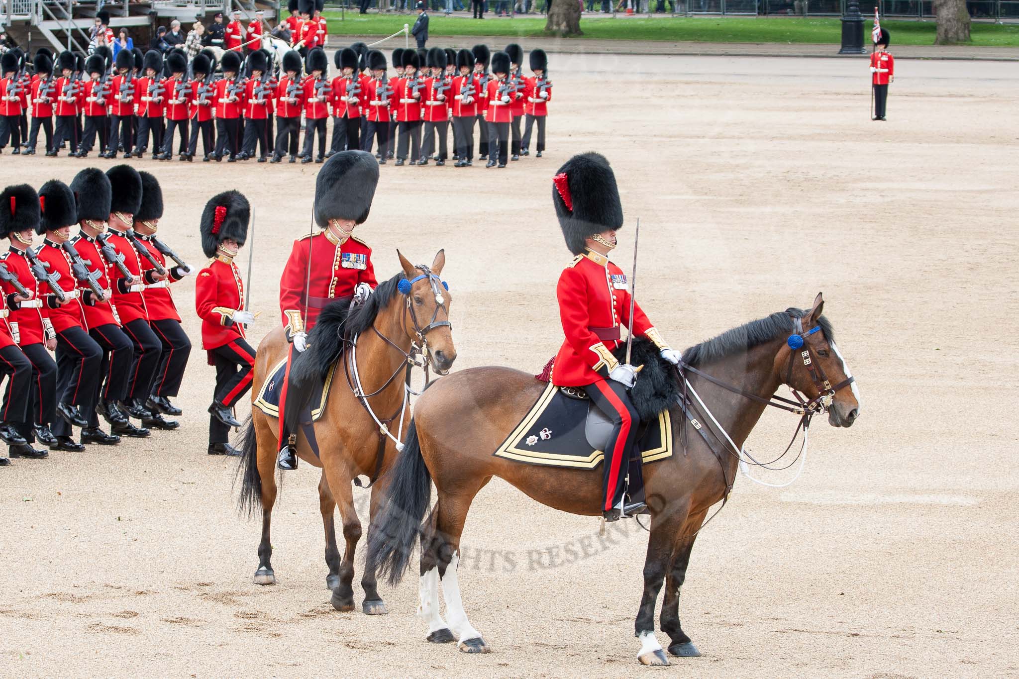 The Colonel's Review 2012: The Field Officer in Brigade Waiting, Lieutenant Colonel R C N Sergeant, Coldstream Guards, and the Major of the Parade, Major Mark Lewis, Welsh Guards..
Horse Guards Parade, Westminster,
London SW1,

United Kingdom,
on 09 June 2012 at 11:33, image #315