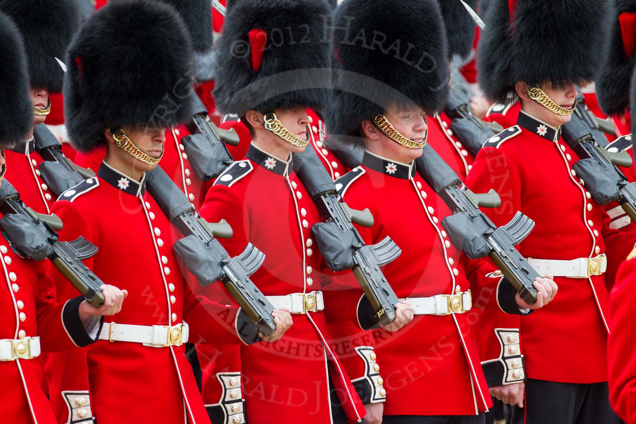 The Colonel's Review 2012: Close-up of guardsmen from No. 1 Guard..
Horse Guards Parade, Westminster,
London SW1,

United Kingdom,
on 09 June 2012 at 11:34, image #317
