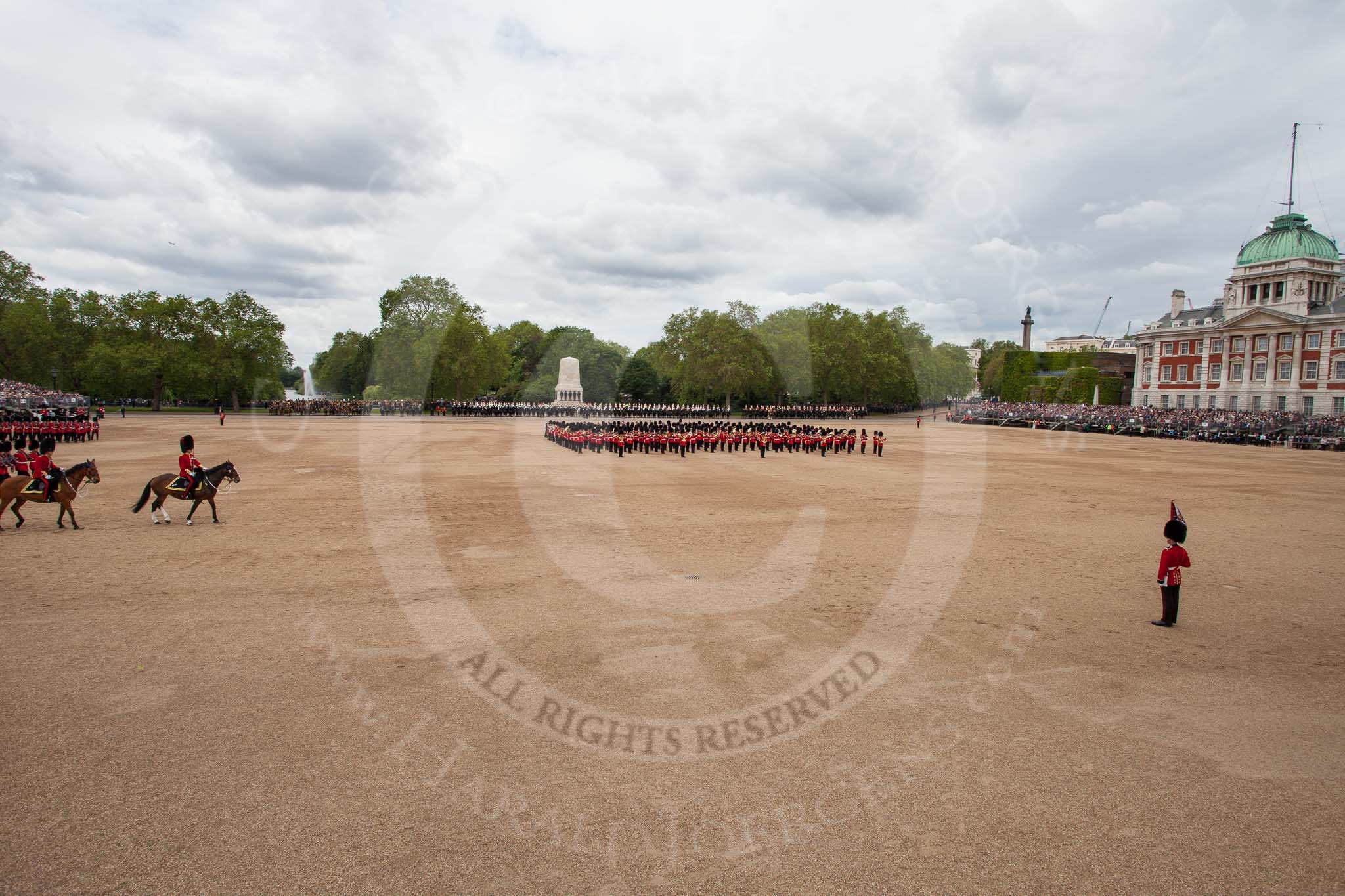The Colonel's Review 2012: Another overview of Horse Guards Parade during the March Past. The Field Officer, in front of the Major of the Parade, on the left..
Horse Guards Parade, Westminster,
London SW1,

United Kingdom,
on 09 June 2012 at 11:42, image #338