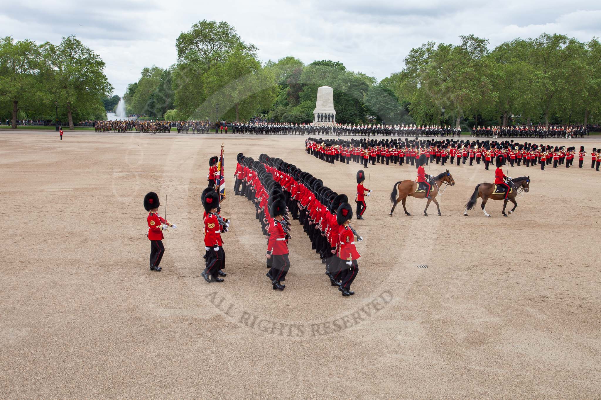 The Colonel's Review 2012: Another overview of Horse Guards Parade during the March Past. The Field Officer, in front of the Major of the Parade, on the right..
Horse Guards Parade, Westminster,
London SW1,

United Kingdom,
on 09 June 2012 at 11:43, image #339