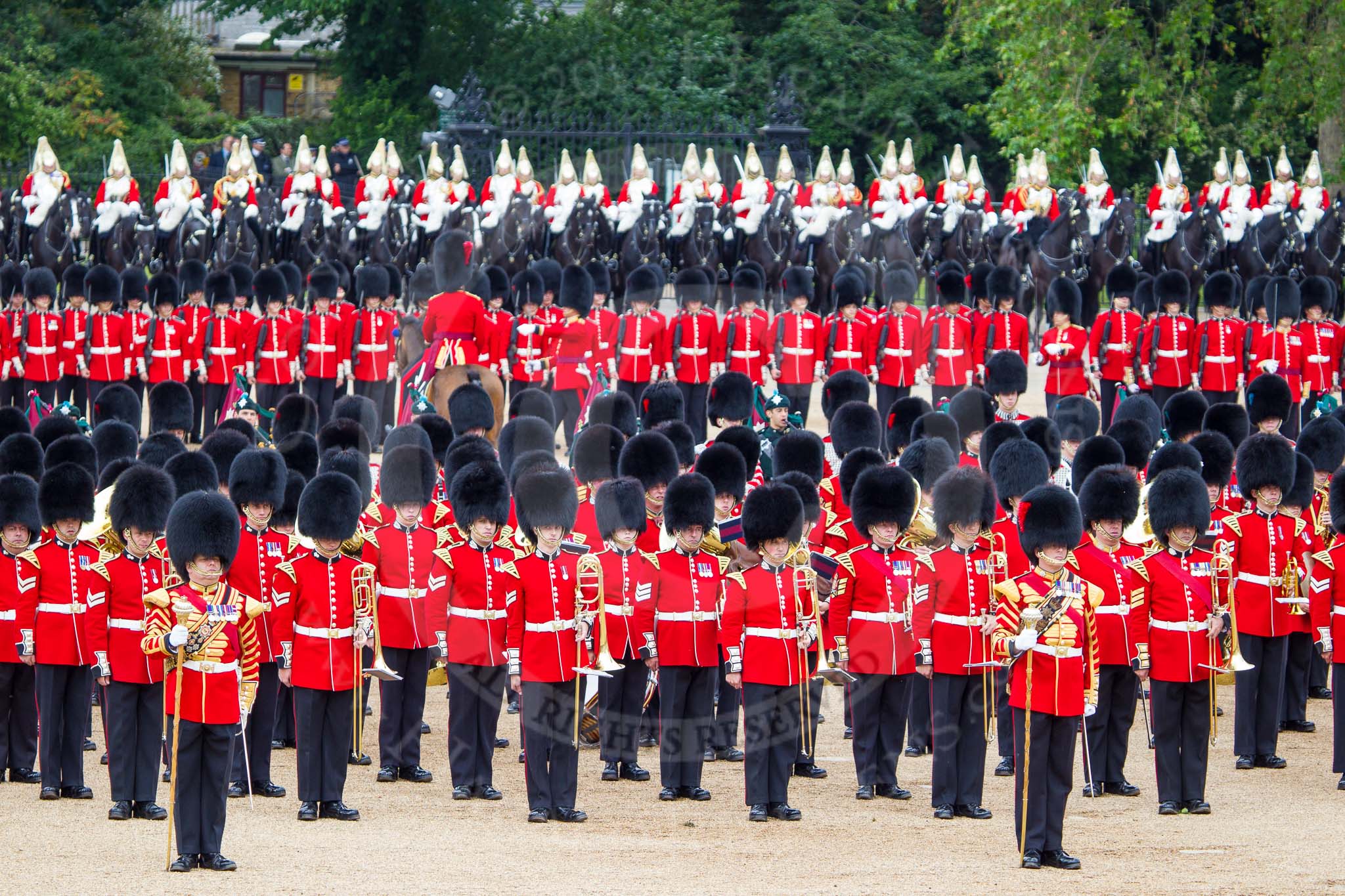 The Colonel's Review 2012: The Band of the Grenadier Guards, on the left, with Drum Major Stephen Staite, Grenadier Guards, and the Band of the Scots Guards, on the right, with Drum Major Scott Fitzgerald, Coldstream Guards..
Horse Guards Parade, Westminster,
London SW1,

United Kingdom,
on 09 June 2012 at 11:48, image #363