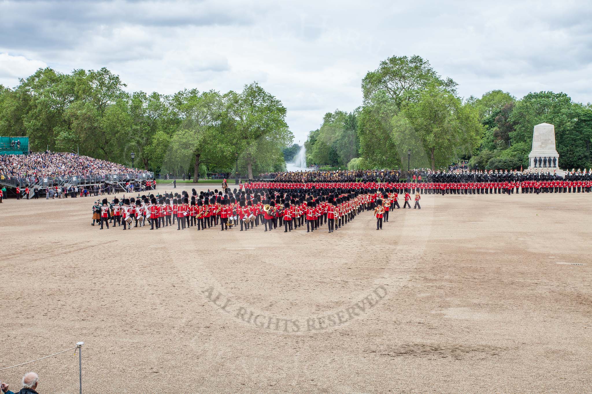 The Colonel's Review 2012: The Massed Bands are moving from the centre of Horse Guards Parade towards their initial position on the western side..
Horse Guards Parade, Westminster,
London SW1,

United Kingdom,
on 09 June 2012 at 11:49, image #374
