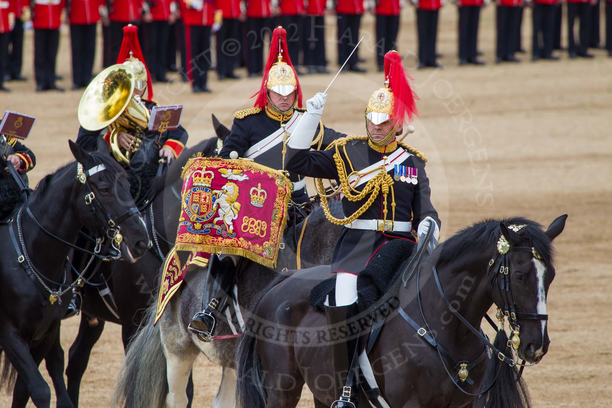 The Colonel's Review 2012: The Senior Director of Music, Lieutenant Colonel S C Barnwell, Welsh Guards, and the Kettle Drummer from The Blues and Royals behind him..
Horse Guards Parade, Westminster,
London SW1,

United Kingdom,
on 09 June 2012 at 11:51, image #389