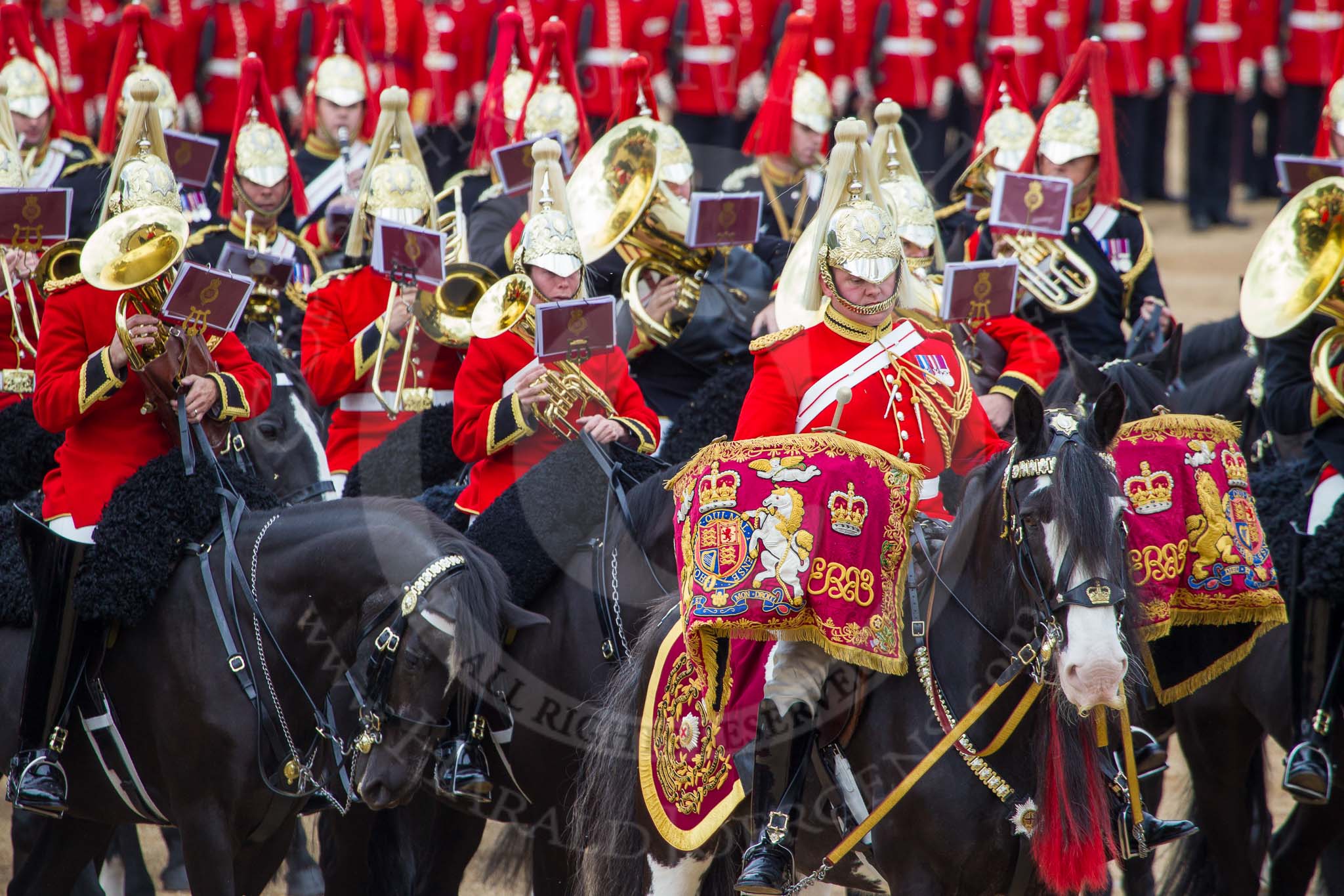 The Colonel's Review 2012: The Band of The Life Guards, with the Kettle Drummer in front..
Horse Guards Parade, Westminster,
London SW1,

United Kingdom,
on 09 June 2012 at 11:51, image #391