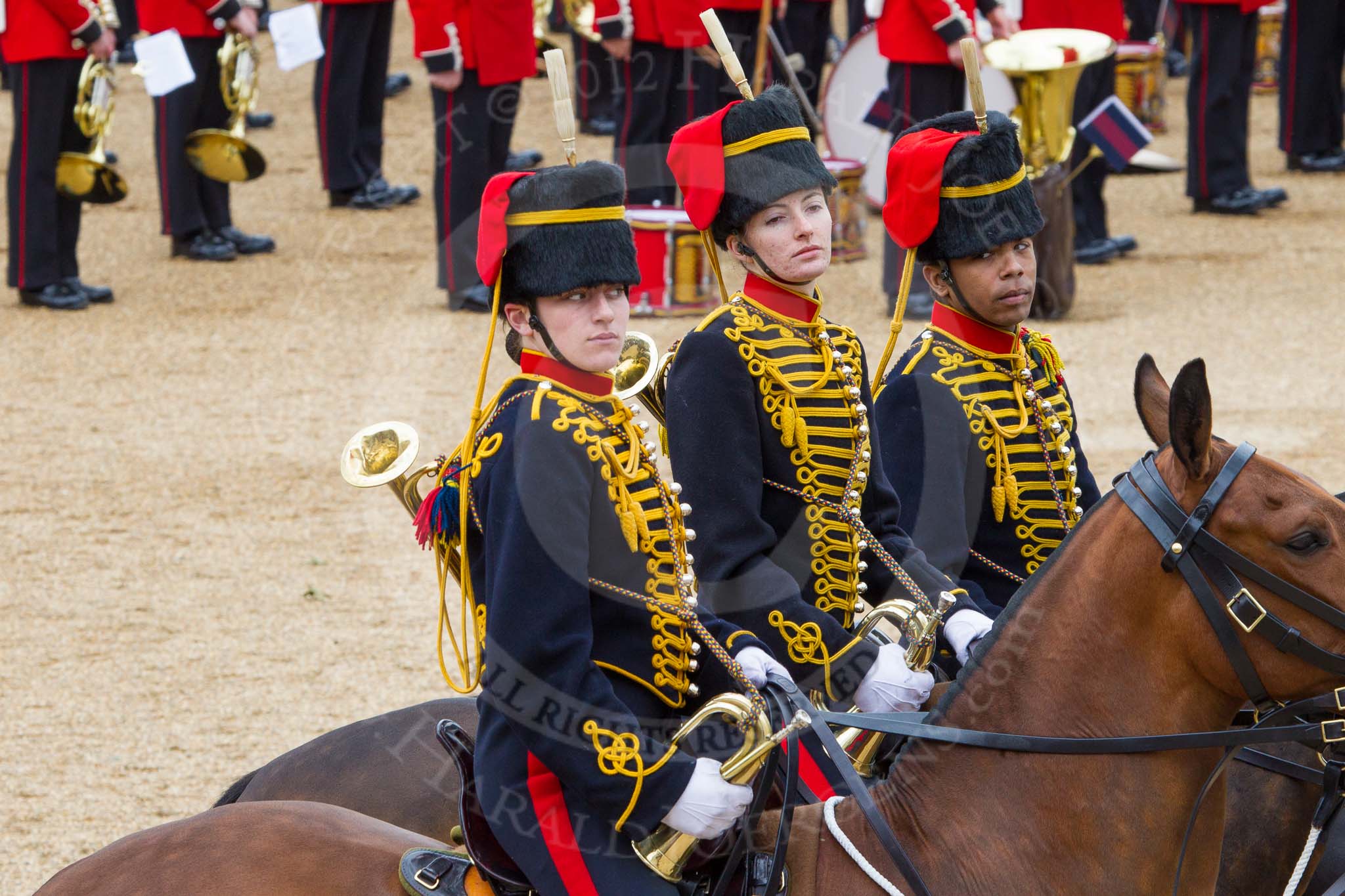 The Colonel's Review 2012: Trumpeters from the Royal Horse Artillery during the Ride Past..
Horse Guards Parade, Westminster,
London SW1,

United Kingdom,
on 09 June 2012 at 11:52, image #399