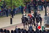 The Colonel's Review 2012: The "Royal Procession" arriving fro the Mall: Brigade Major Household Division Lieutenant Colonel A P Speed, Scots Guards, followed by
four Troopers of The Blues and Royals (Royal Horse Guards and 1st Dragoons)..
Horse Guards Parade, Westminster,
London SW1,

United Kingdom,
on 09 June 2012 at 10:54, image #130