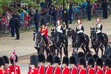 The Colonel's Review 2012: The "Royal Procession" arriving fro the Mall: Brigade Major Household Division Lieutenant Colonel A P Speed, Scots Guards, followed by
four Troopers of The Blues and Royals (Royal Horse Guards and 1st Dragoons)..
Horse Guards Parade, Westminster,
London SW1,

United Kingdom,
on 09 June 2012 at 10:54, image #131