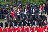 The Colonel's Review 2012: The "Royal Procession" arriving fro the Mall: Brigade Major Household Division Lieutenant Colonel A P Speed, Scots Guards, followed by
four Troopers of The Blues and Royals (Royal Horse Guards and 1st Dragoons)..
Horse Guards Parade, Westminster,
London SW1,

United Kingdom,
on 09 June 2012 at 10:54, image #132