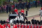 The Colonel's Review 2012: Behind the Royal carriage a groom of the Royal Household on the left, and the Colonel doing this Colonel's Review, Colonel Coldstream Guards - Lieutenant General J J C Bucknall..
Horse Guards Parade, Westminster,
London SW1,

United Kingdom,
on 09 June 2012 at 10:56, image #143