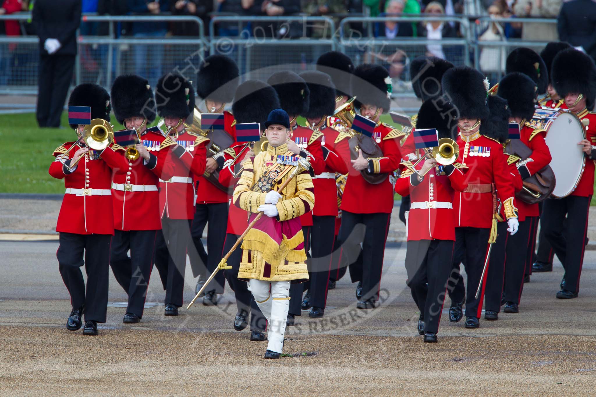 Trooping the Colour 2012: Marching onto Horse Guards Parade - Senior Drum Major M Betts, Grenadier Guards, with the Band of the Welsh Guards..
Horse Guards Parade, Westminster,
London SW1,

United Kingdom,
on 16 June 2012 at 10:13, image #23