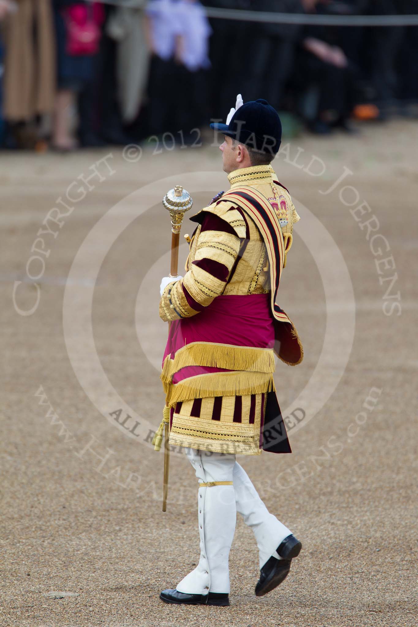 Trooping the Colour 2012: Senior Drum Major M Betts, Grenadier Guards, leading the Band of the Welsh Guards into their initial position on Horse Guards Parade..
Horse Guards Parade, Westminster,
London SW1,

United Kingdom,
on 16 June 2012 at 10:14, image #25