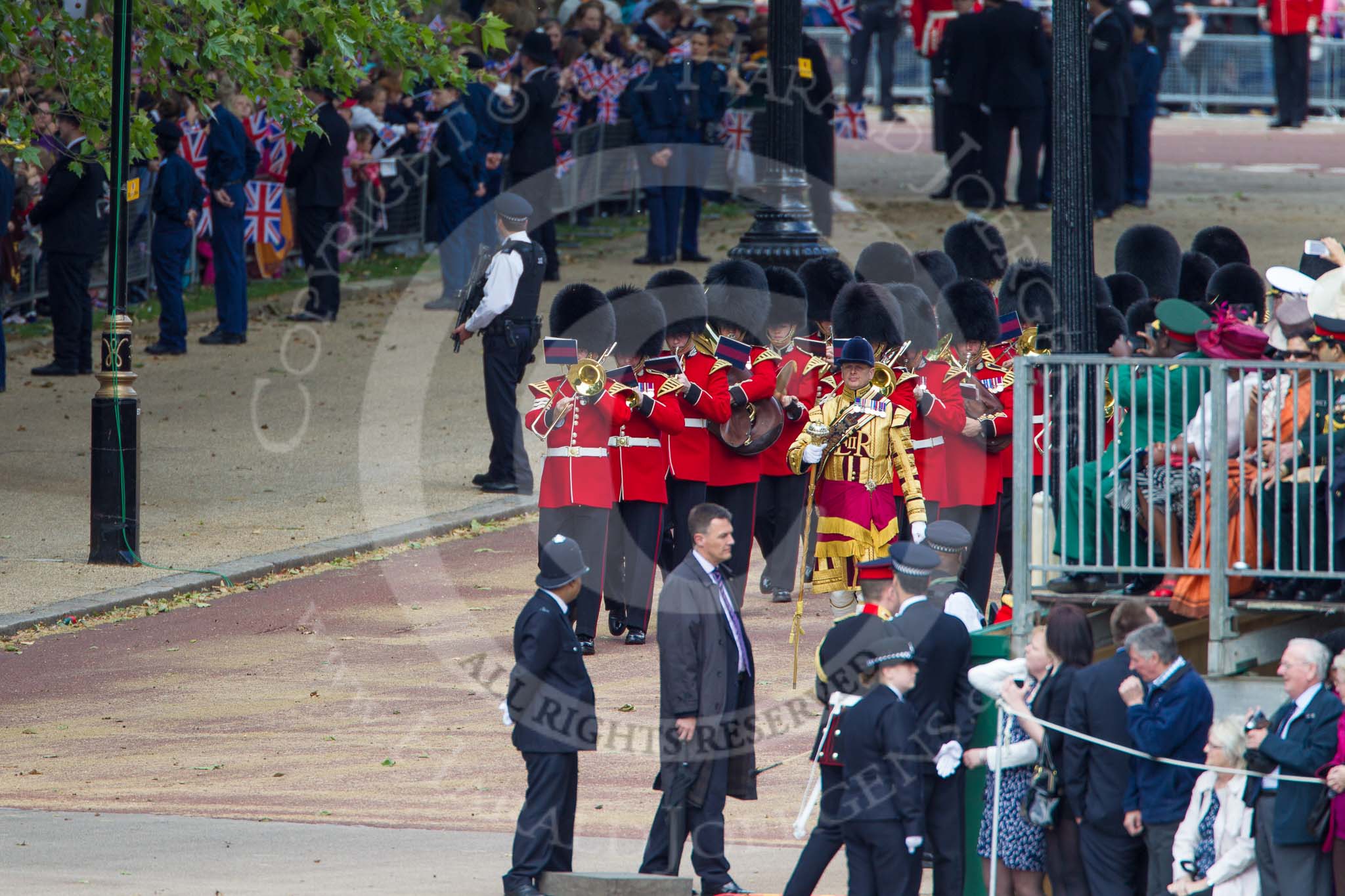 Trooping the Colour 2012: The second of the Massed Bands to arrive - Drum Major Tony Taylor, No. 7 Company Coldstream Guards, with the Band of the Scots Guards..
Horse Guards Parade, Westminster,
London SW1,

United Kingdom,
on 16 June 2012 at 10:15, image #29