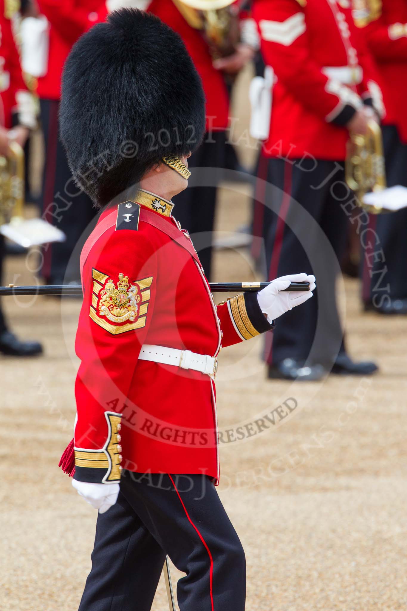 Trooping the Colour 2012: Garrison Sergeant Major, London District, Warrant Officer Class 1 W D G Mott,
Welsh Guards, with the pace stick..
Horse Guards Parade, Westminster,
London SW1,

United Kingdom,
on 16 June 2012 at 10:21, image #40