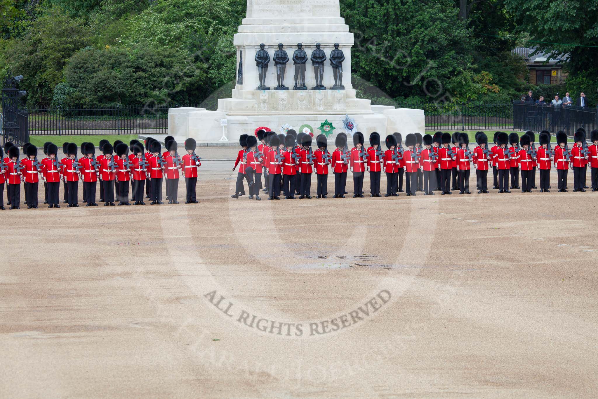 Trooping the Colour 2012: Closing thee last gap in the row of guardsmen, No. 3 Guard in front of the Guards Memorial..
Horse Guards Parade, Westminster,
London SW1,

United Kingdom,
on 16 June 2012 at 10:35, image #89
