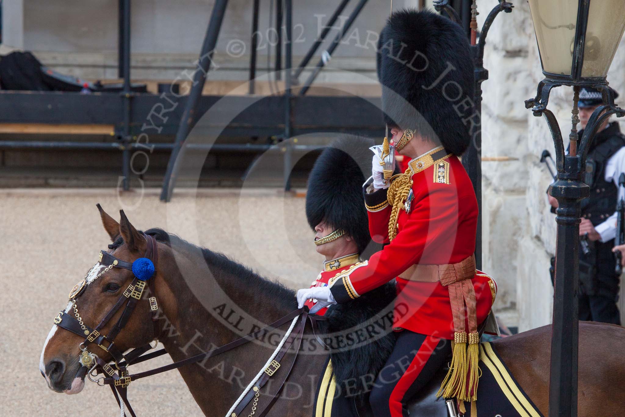 Trooping the Colour 2012: The Field Officer in Brigade Waiting, Lieutenant Colonel R C N Sergeant, Coldstream Guards, has just drawn his sword. On his right GSM 'Billy' Mott..
Horse Guards Parade, Westminster,
London SW1,

United Kingdom,
on 16 June 2012 at 10:38, image #99