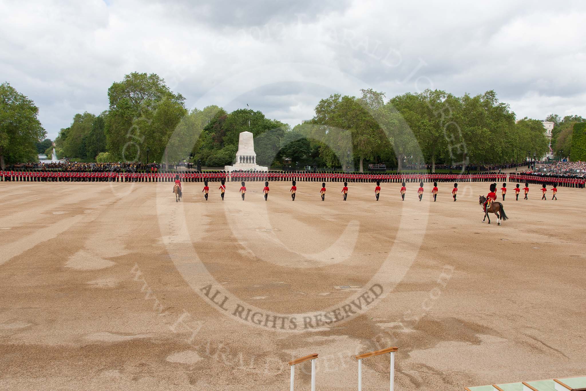 Trooping the Colour 2012: An overview of Horse Guards Parade - the Subalterns and Ensigns marching towards their guard divisions. On the left the Major of the Parade, behind the Field Officer..
Horse Guards Parade, Westminster,
London SW1,

United Kingdom,
on 16 June 2012 at 10:39, image #101