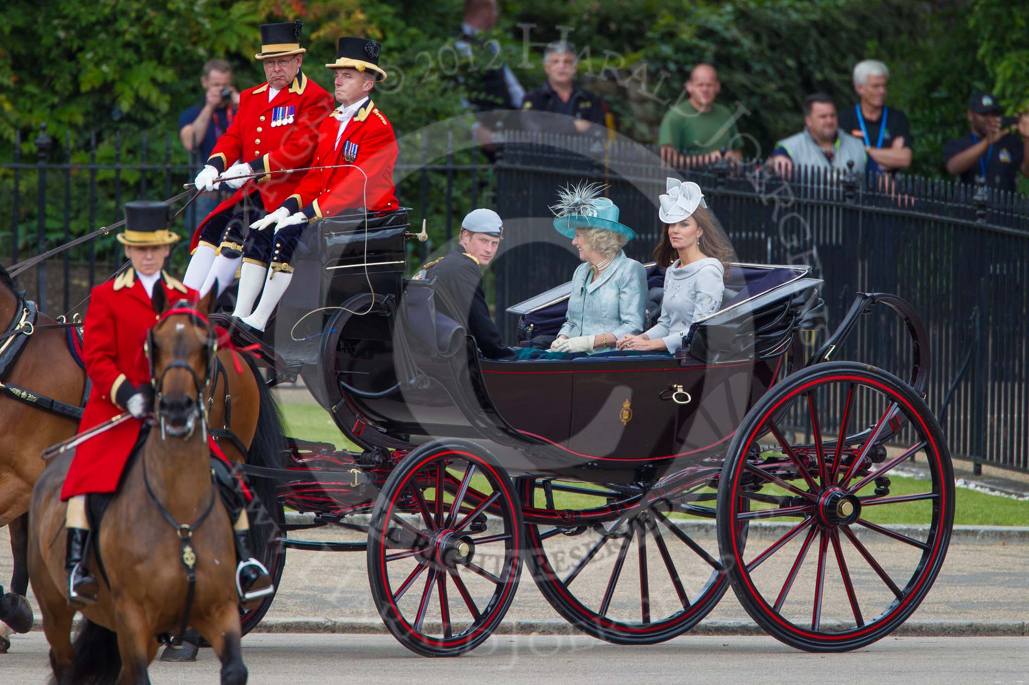 Trooping the Colour 2012: Prince Harry, the Ducess of Cornwall, and the Duchess of Cambridge in the first carriage..
Horse Guards Parade, Westminster,
London SW1,

United Kingdom,
on 16 June 2012 at 10:50, image #117
