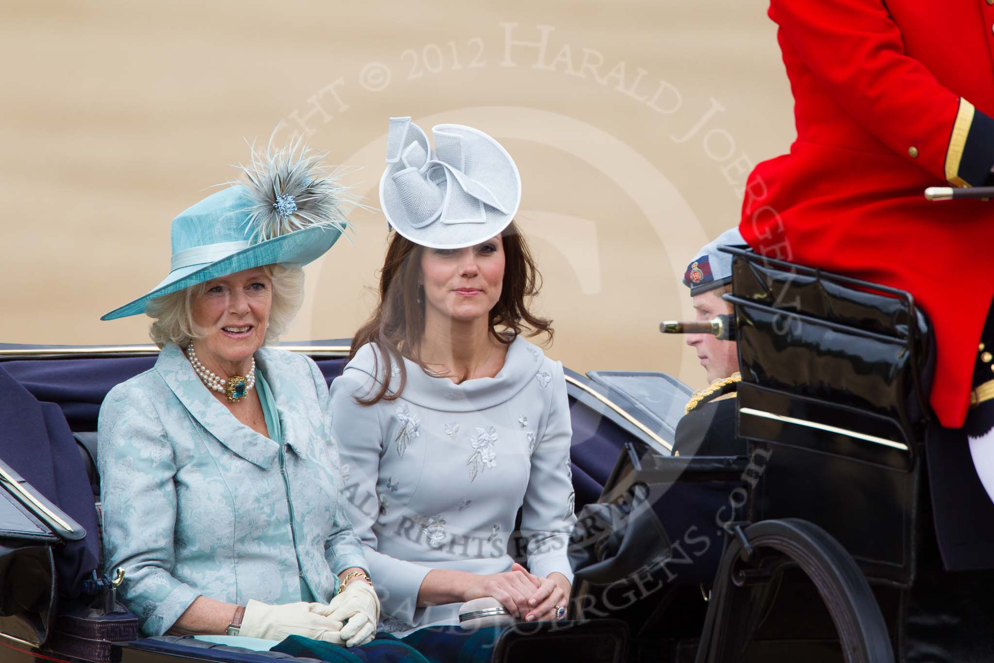 Trooping the Colour 2012: The Duchess of Cornwall, the Duchess of Cambridge, and Prince Harry in the first carriage..
Horse Guards Parade, Westminster,
London SW1,

United Kingdom,
on 16 June 2012 at 10:50, image #124