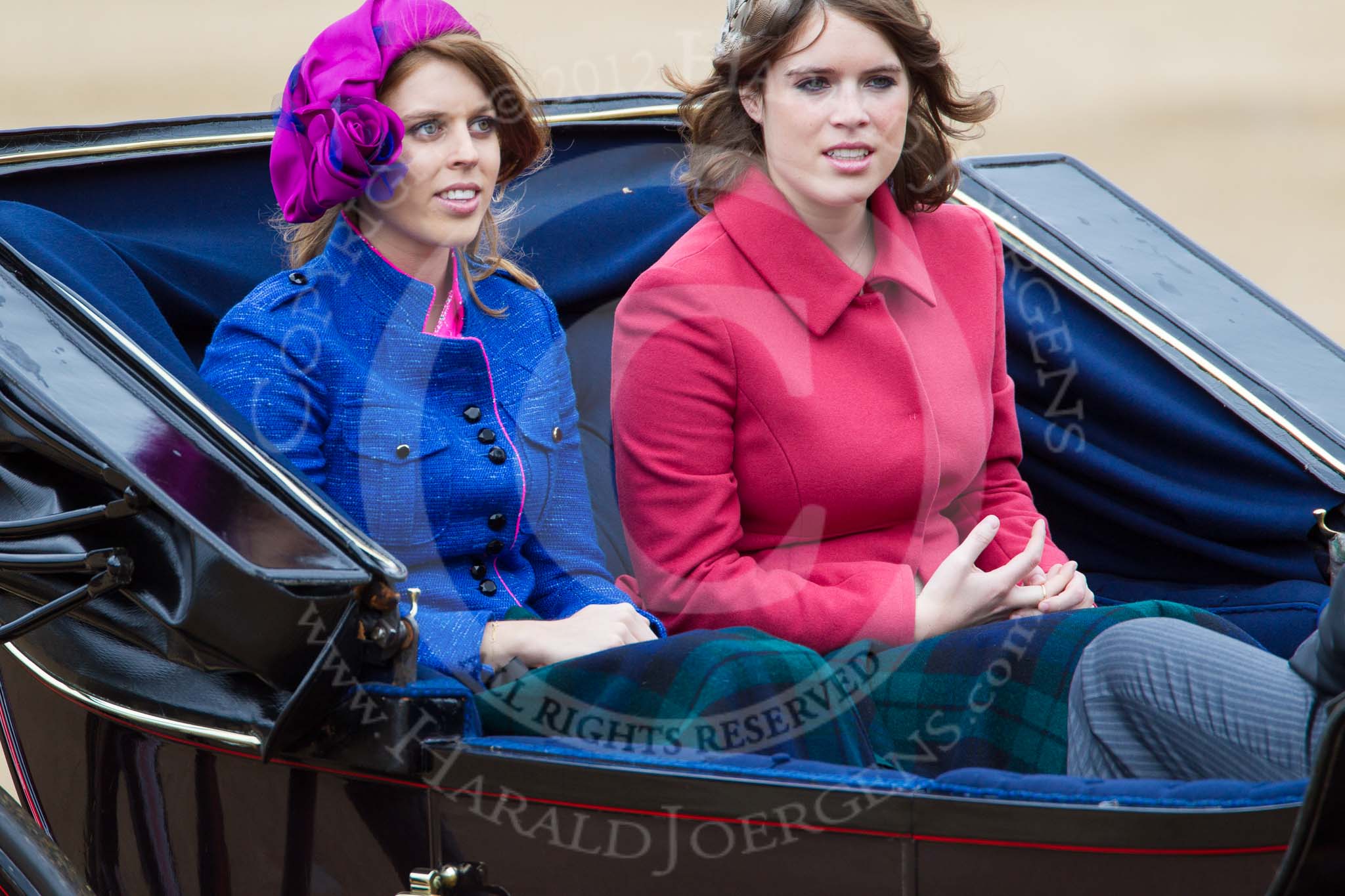 Trooping the Colour 2012: Princesses Beatrice and Eugenie of York in the second carriage..
Horse Guards Parade, Westminster,
London SW1,

United Kingdom,
on 16 June 2012 at 10:51, image #128