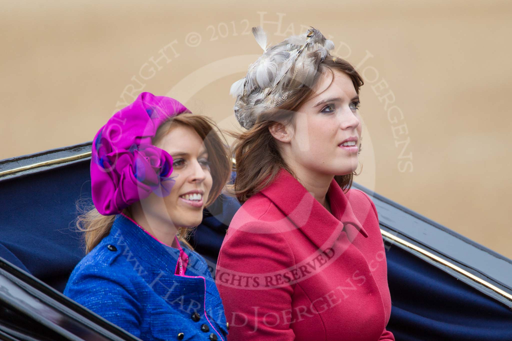 Trooping the Colour 2012: Princesses Beatrice and Eugenie of York in the second carriage..
Horse Guards Parade, Westminster,
London SW1,

United Kingdom,
on 16 June 2012 at 10:51, image #130