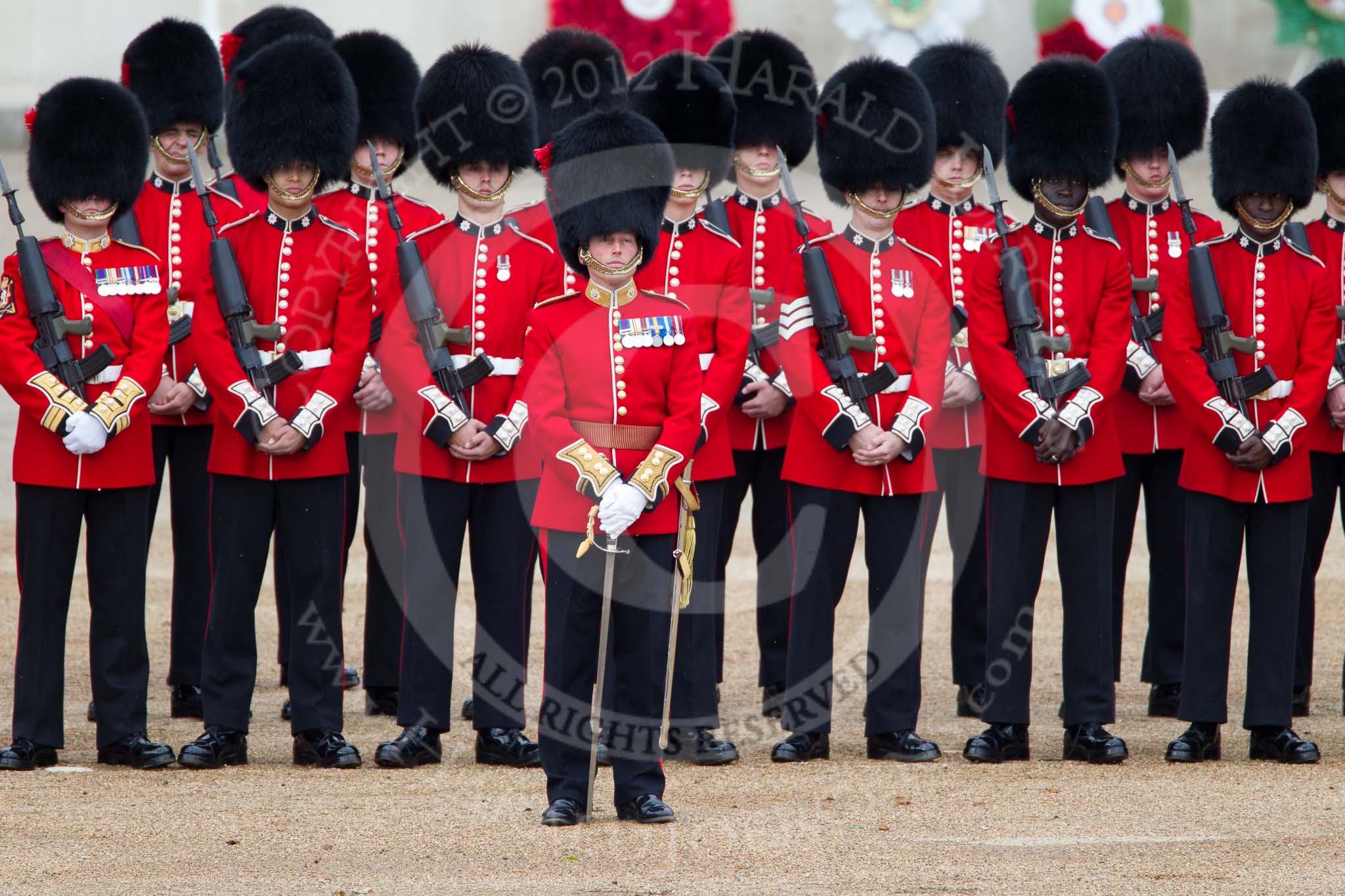 Trooping the Colour 2012: No. 3 Guard, No. 7 Company, Coldstream Guards, in front the Ensign, Major G W J Lock..
Horse Guards Parade, Westminster,
London SW1,

United Kingdom,
on 16 June 2012 at 10:55, image #137