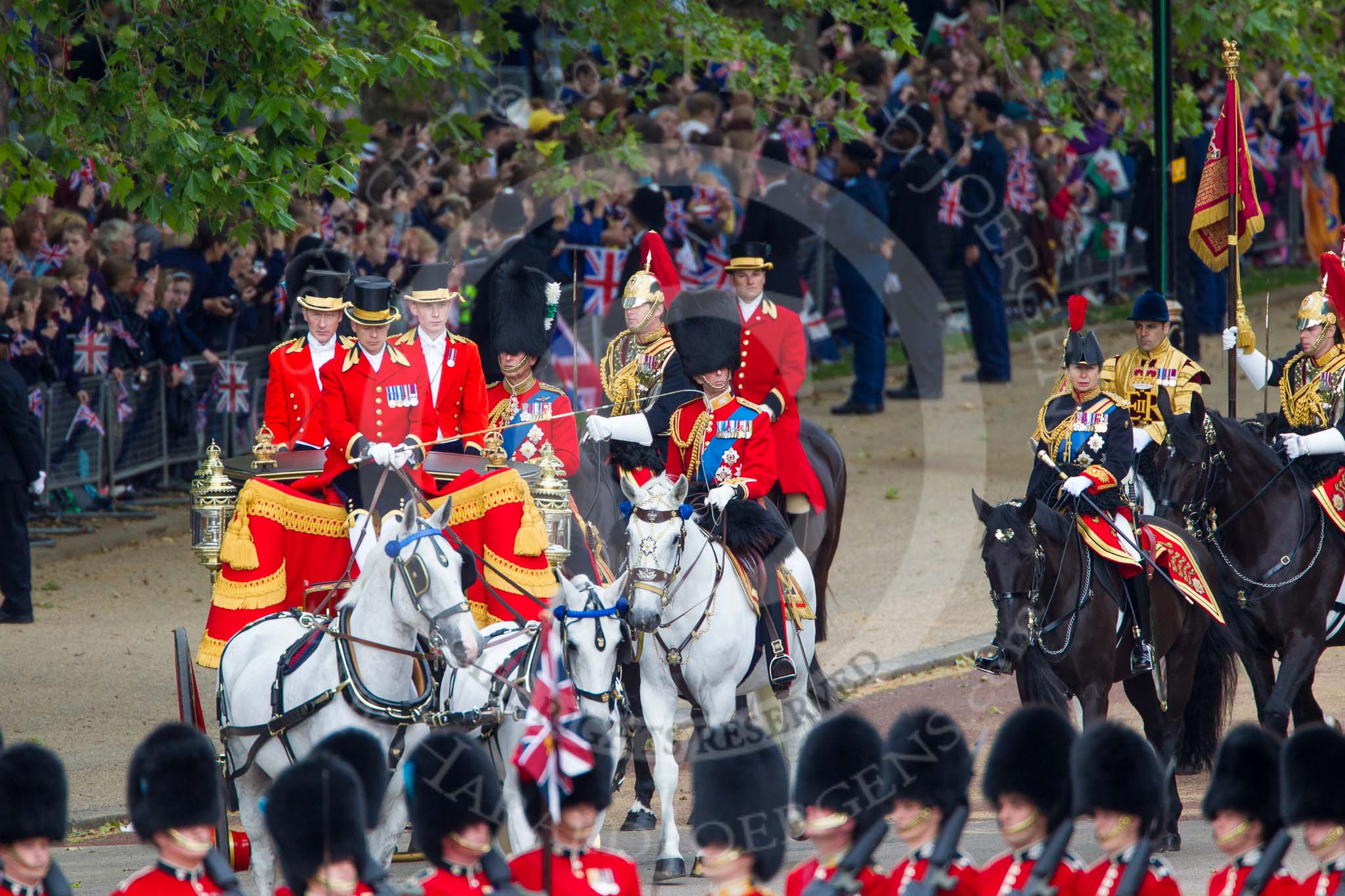 Trooping the Colour 2012: Just visible behind the Glass Coach - HRH The Prince of Wales and HRH the Duke of Kent, and on the right the Princess Royal as Royal Colonels..
Horse Guards Parade, Westminster,
London SW1,

United Kingdom,
on 16 June 2012 at 10:58, image #150