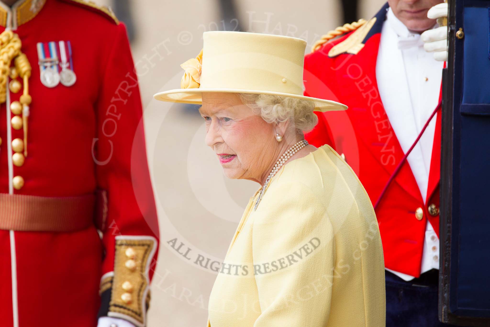 Trooping the Colour 2012: HM The Queen before stepping onto the saluting base..
Horse Guards Parade, Westminster,
London SW1,

United Kingdom,
on 16 June 2012 at 11:00, image #179