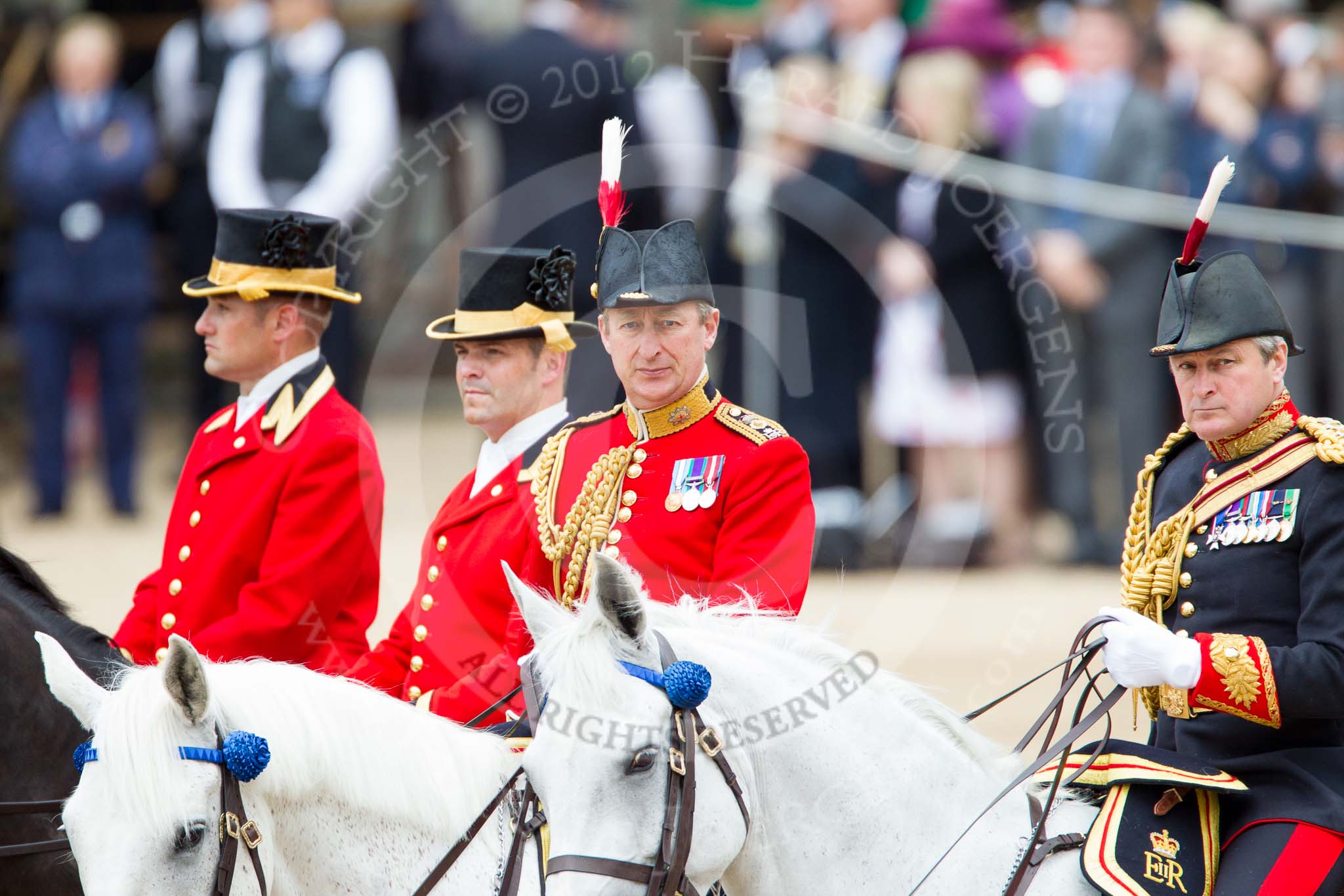 Trooping the Colour 2012: Two Grooms of the Royal Household,  the Equerry in Waiting to Her Majesty, Lieutenant Colonel A F Matheson of Matheson, yr, and the 
Crown Equerry, Colonel W T Browne..
Horse Guards Parade, Westminster,
London SW1,

United Kingdom,
on 16 June 2012 at 11:02, image #194